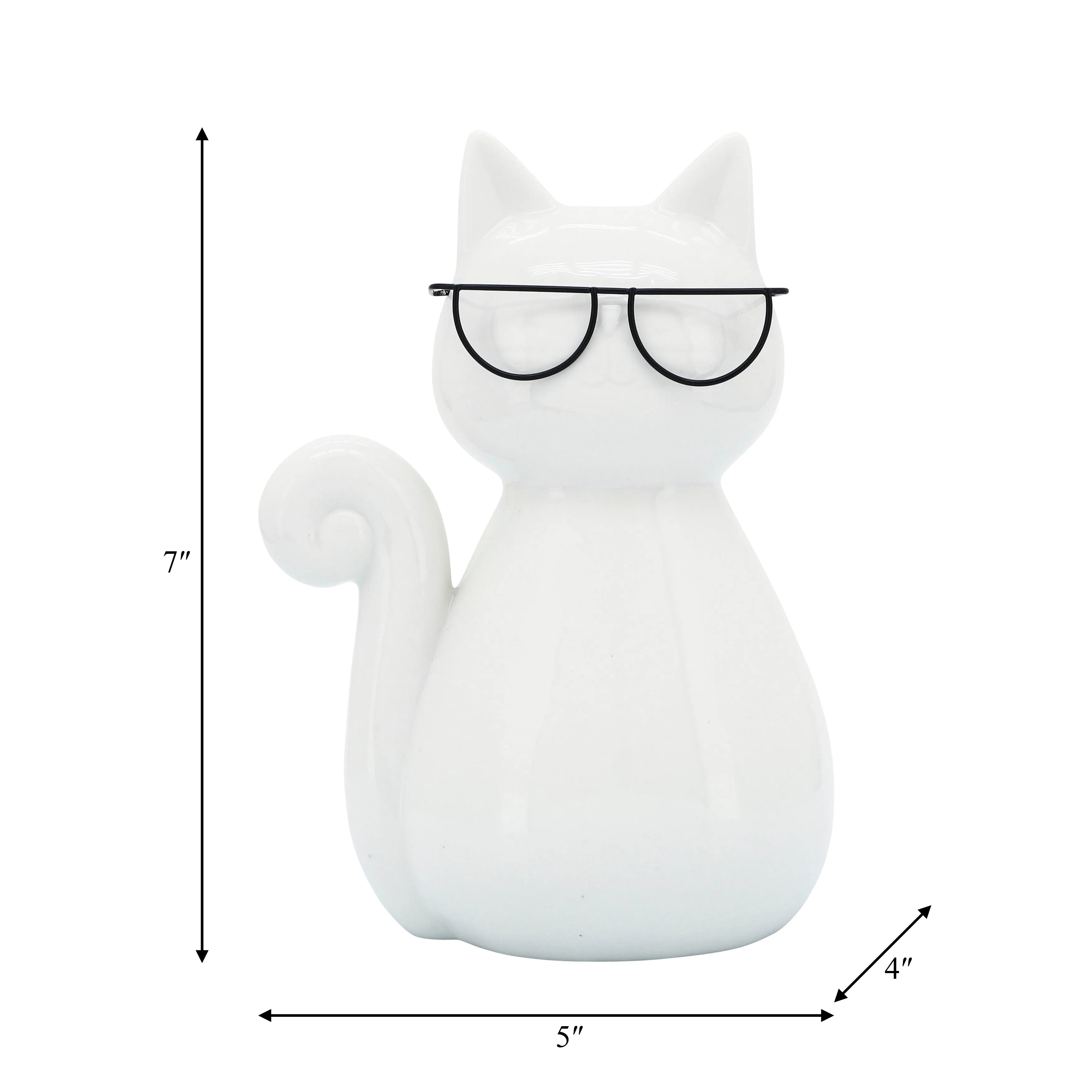 PORCELAIN, 7"H CAT W/ GLASSES, WHITE