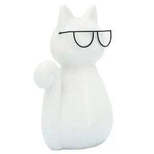 PORCELAIN, 7"H CAT W/ GLASSES, WHITE