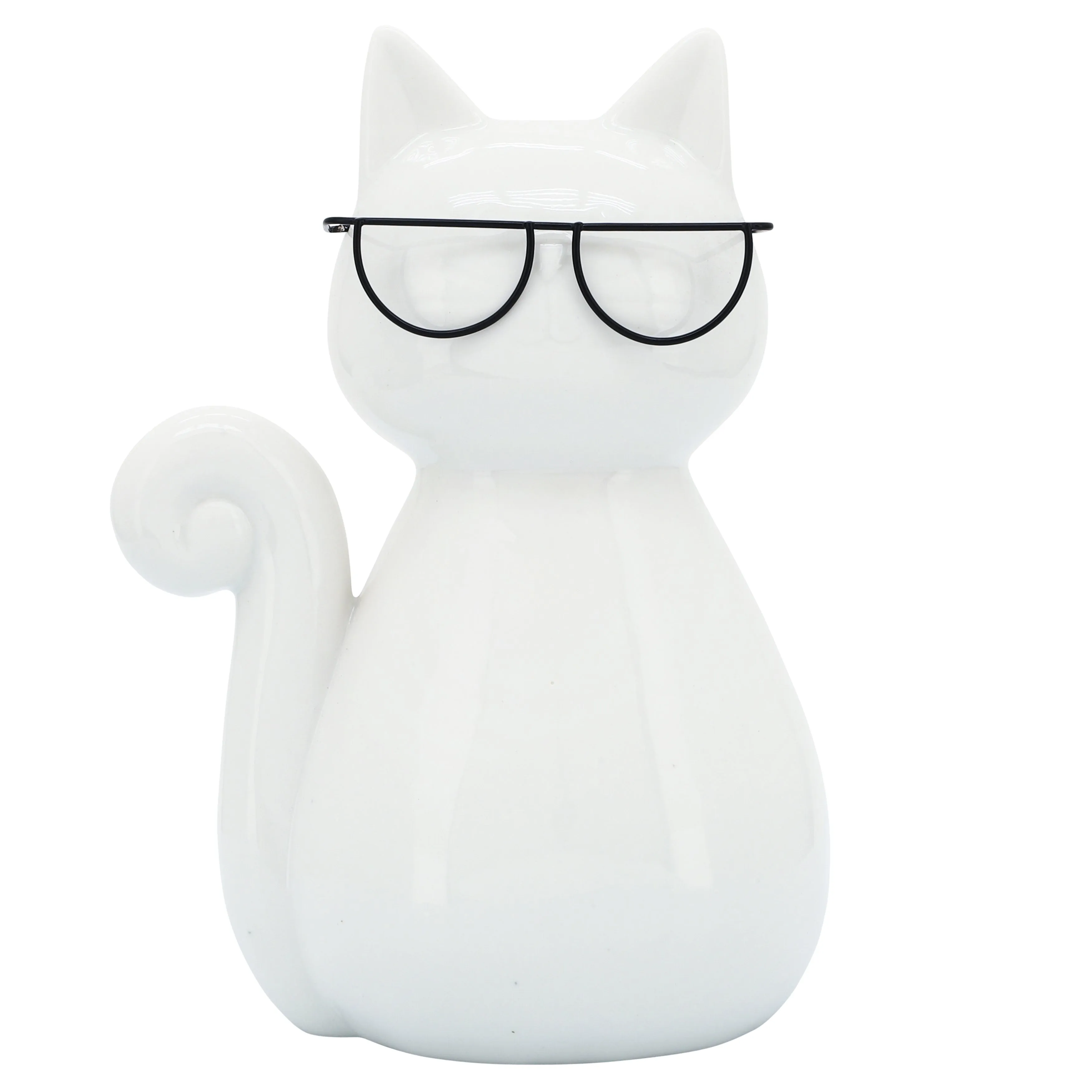 PORCELAIN, 7"H CAT W/ GLASSES, WHITE