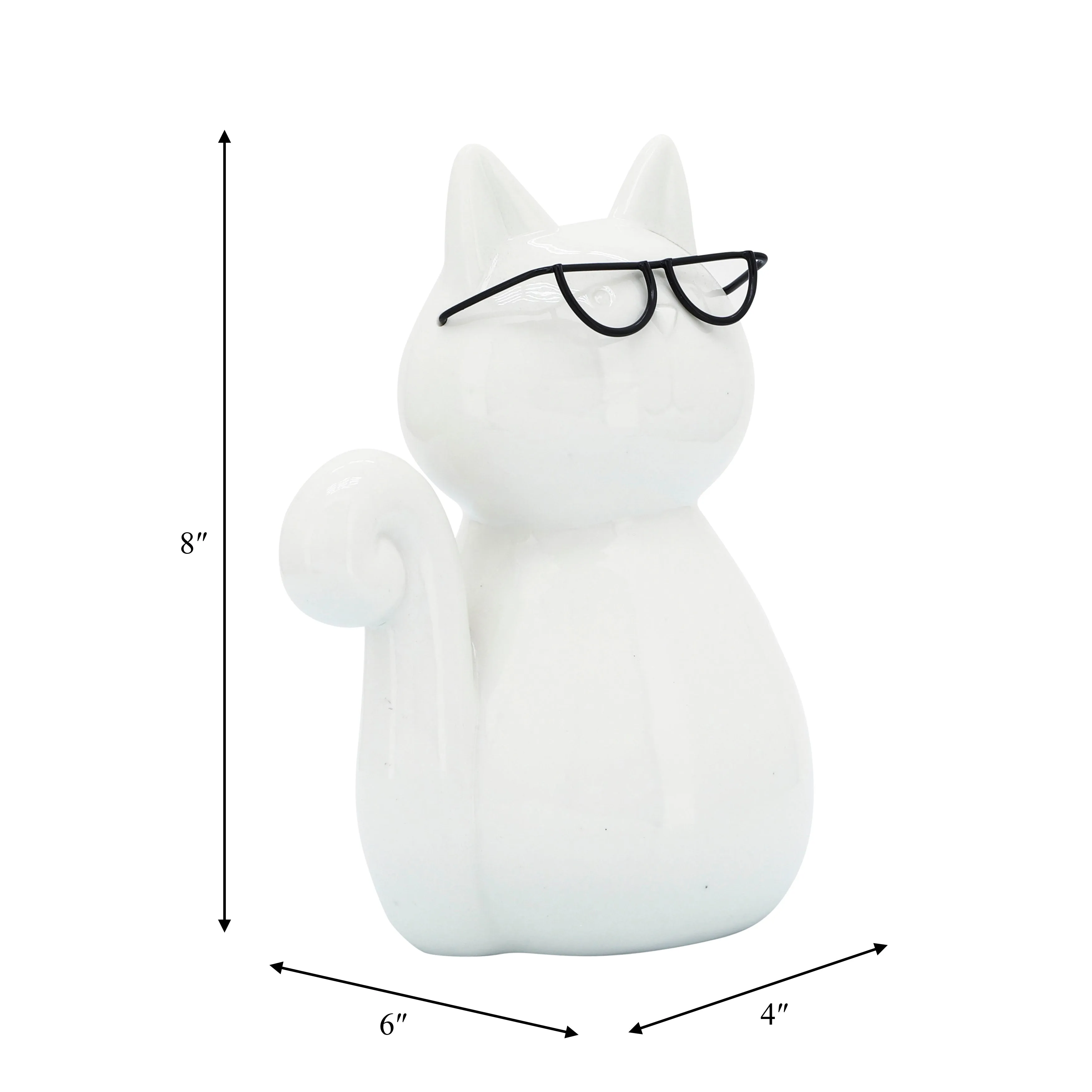 PORCELAIN, 8"H CAT W/ GLASSES, WHITE