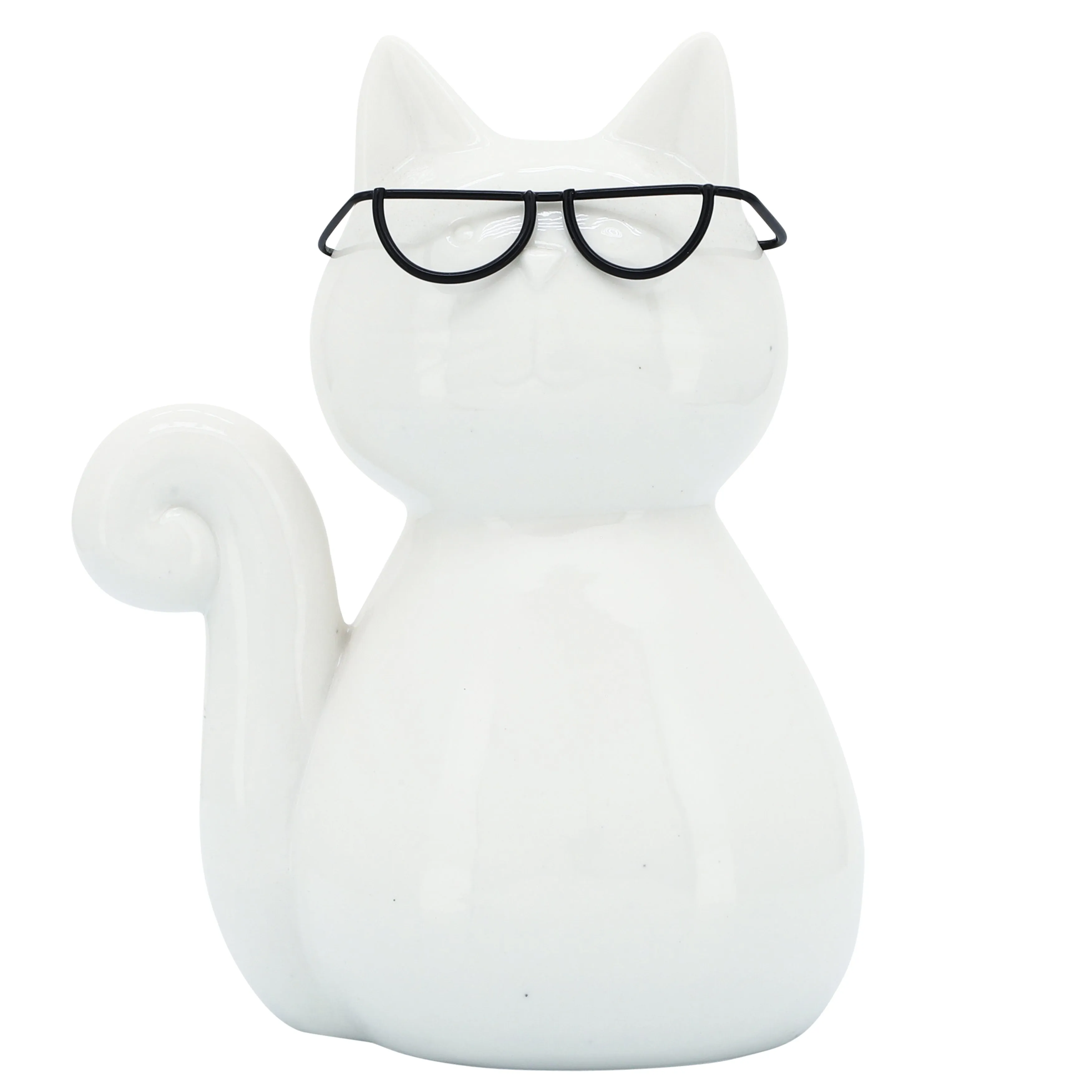 PORCELAIN, 8"H CAT W/ GLASSES, WHITE
