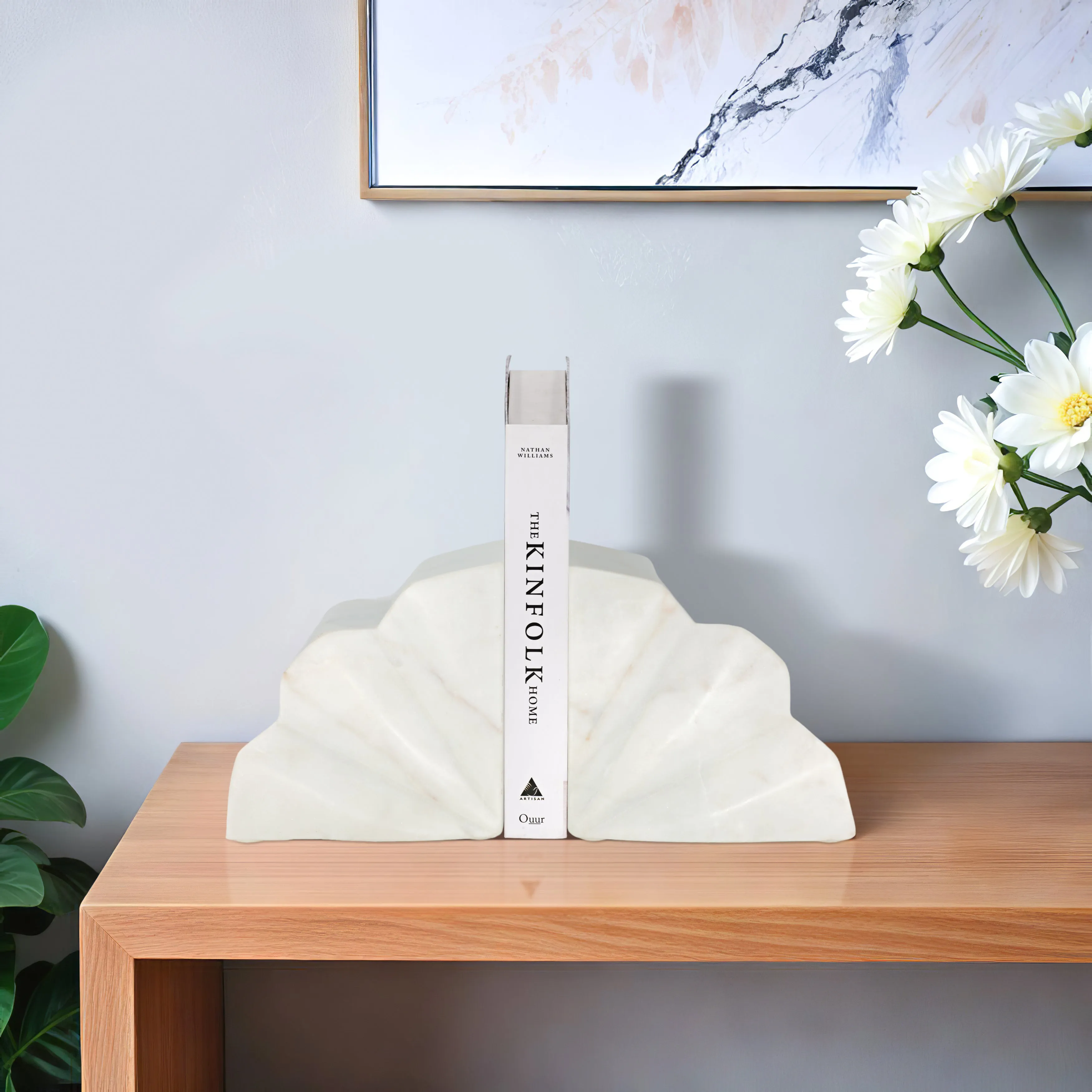 S/2 5" Semi Circle Fluted Marble Bookends, White