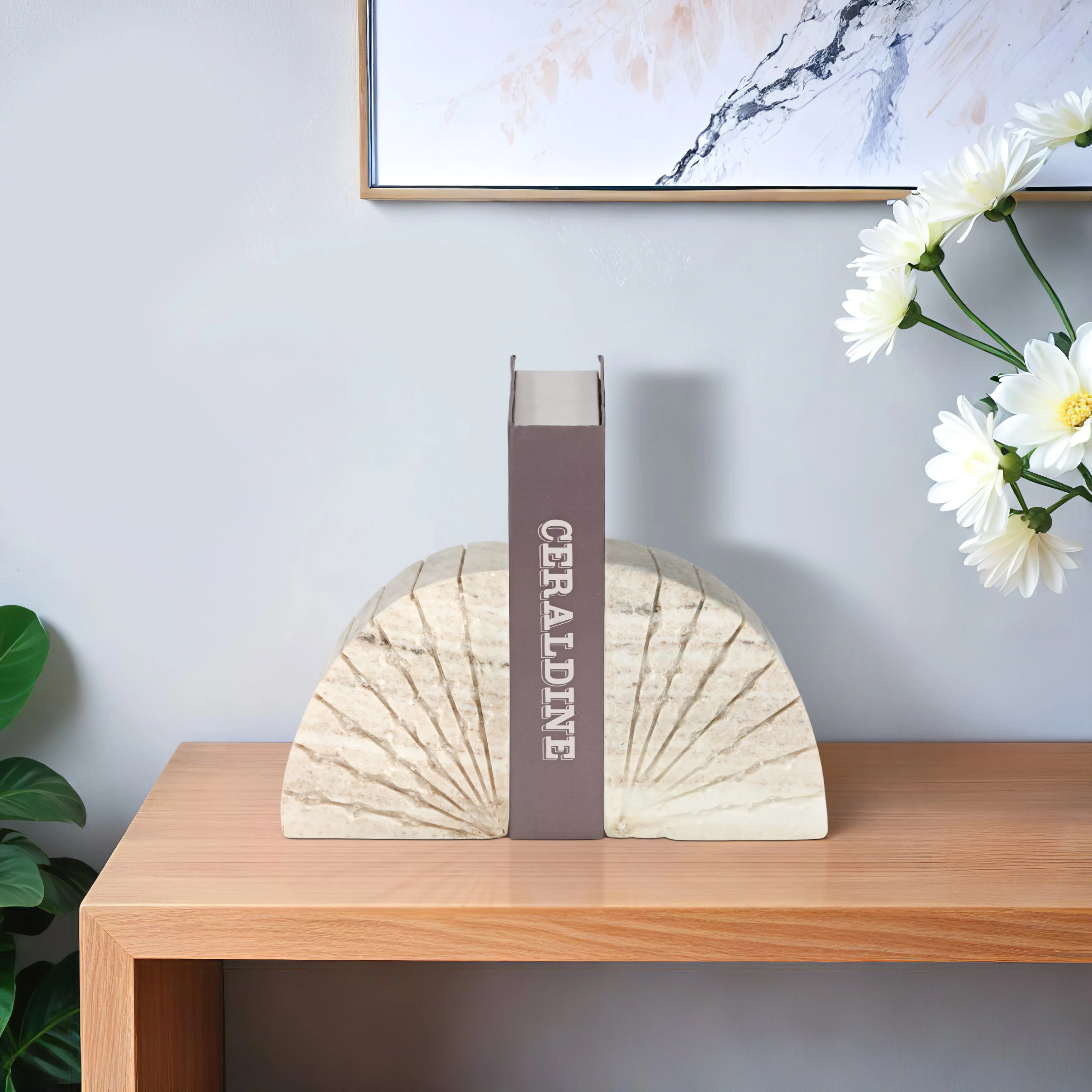 S/2 5" Semi Circle Onyx Marble Bookends, Tan