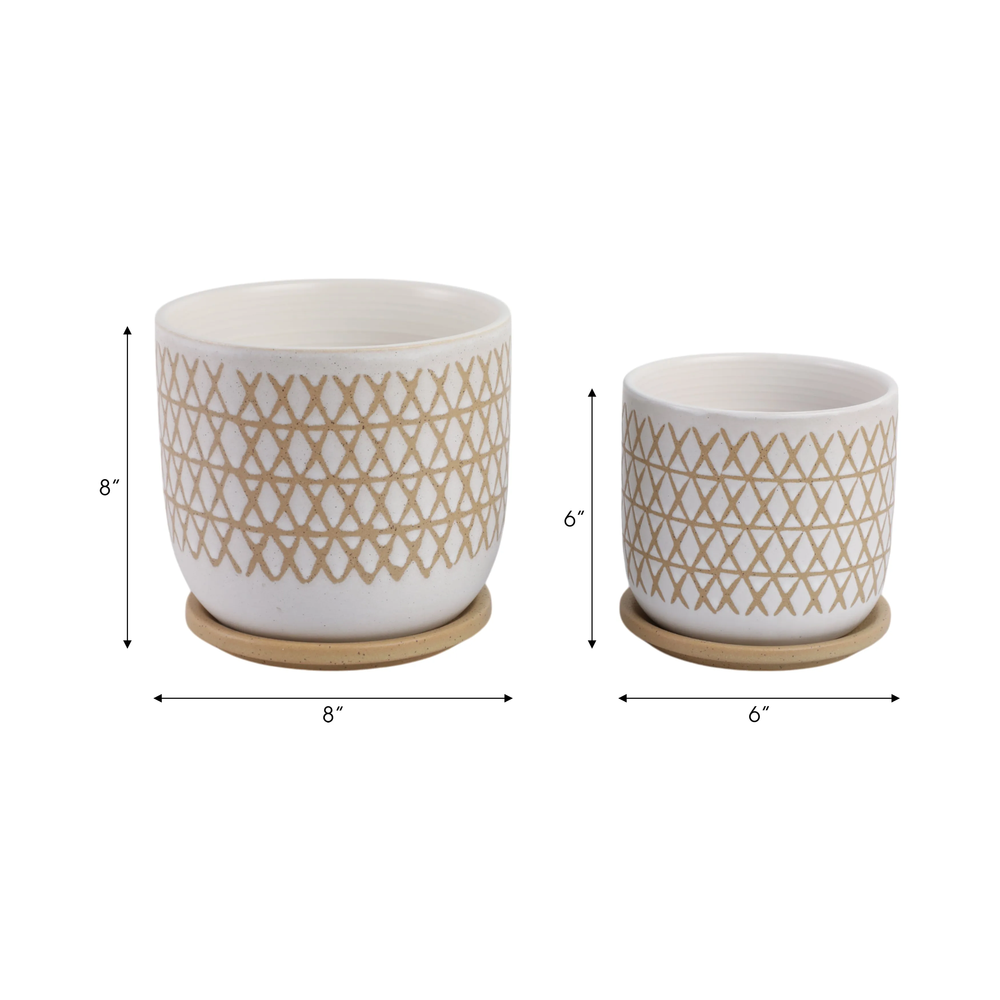 S/2 6/8" Criss/cross Planter W/ Saucer, Beige