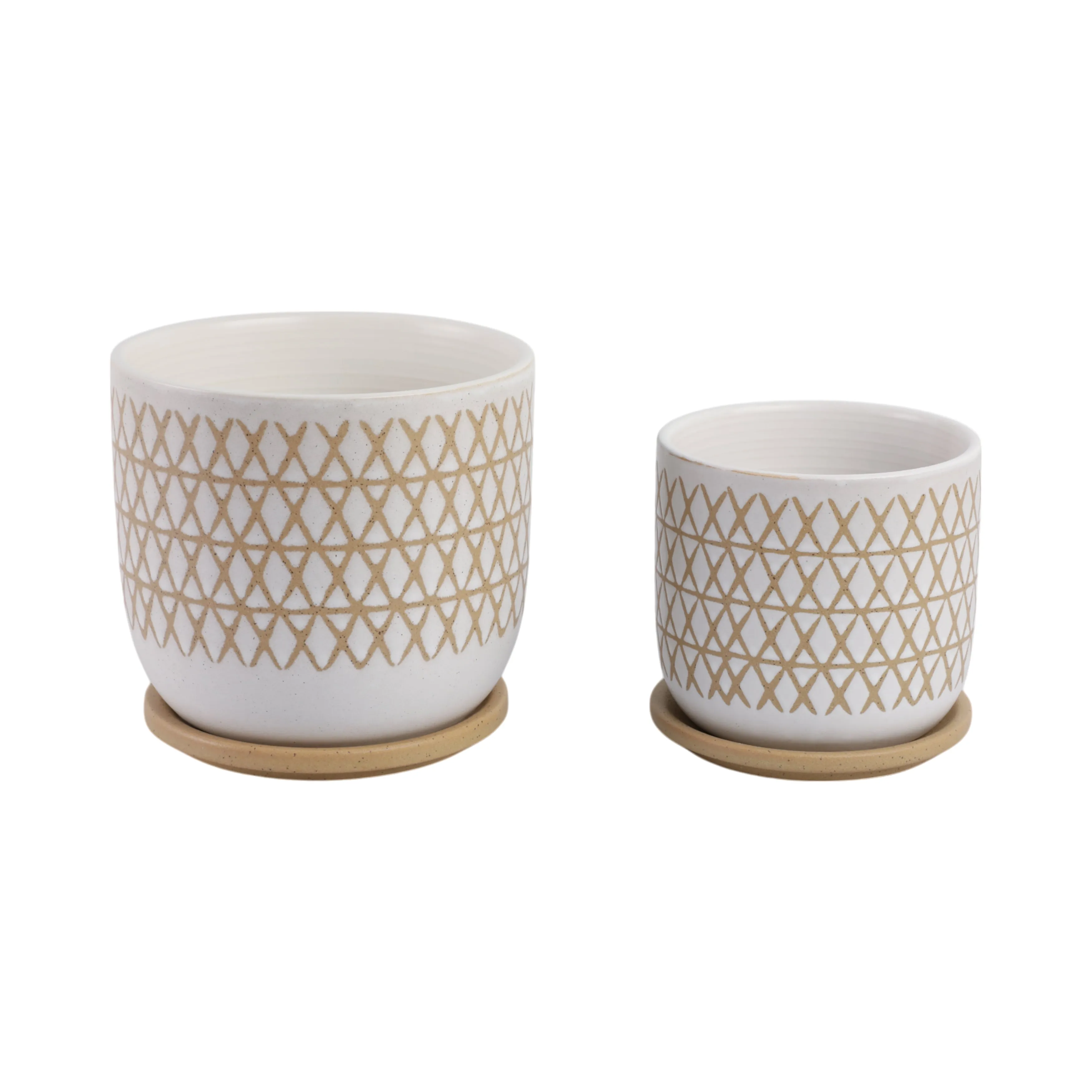 S/2 6/8" Criss/cross Planter W/ Saucer, Beige
