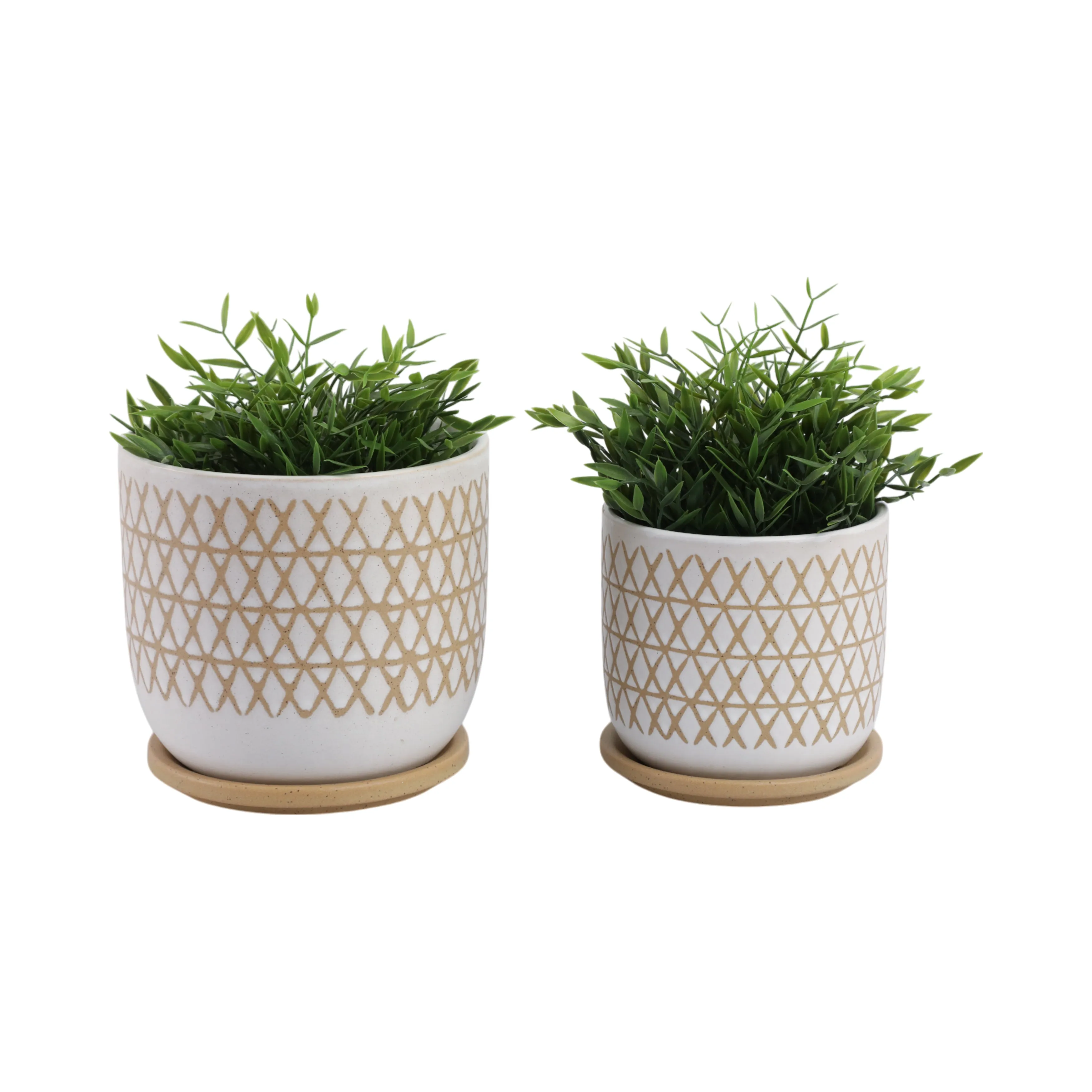 S/2 6/8" Criss/cross Planter W/ Saucer, Beige