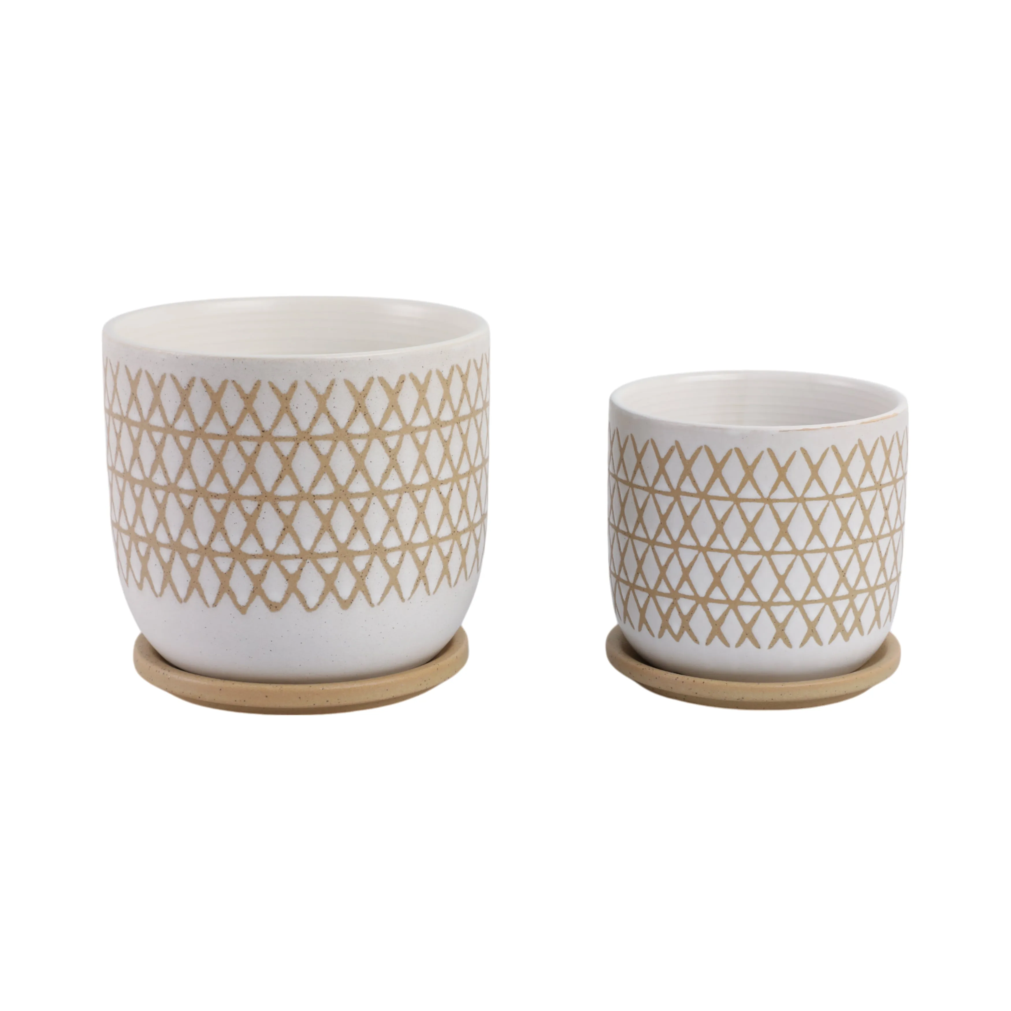 S/2 6/8" Criss/cross Planter W/ Saucer, Beige