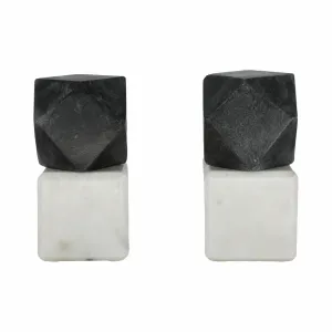 S/2 6" Marble Bookends W/ Black Hex Orb, Black/whi