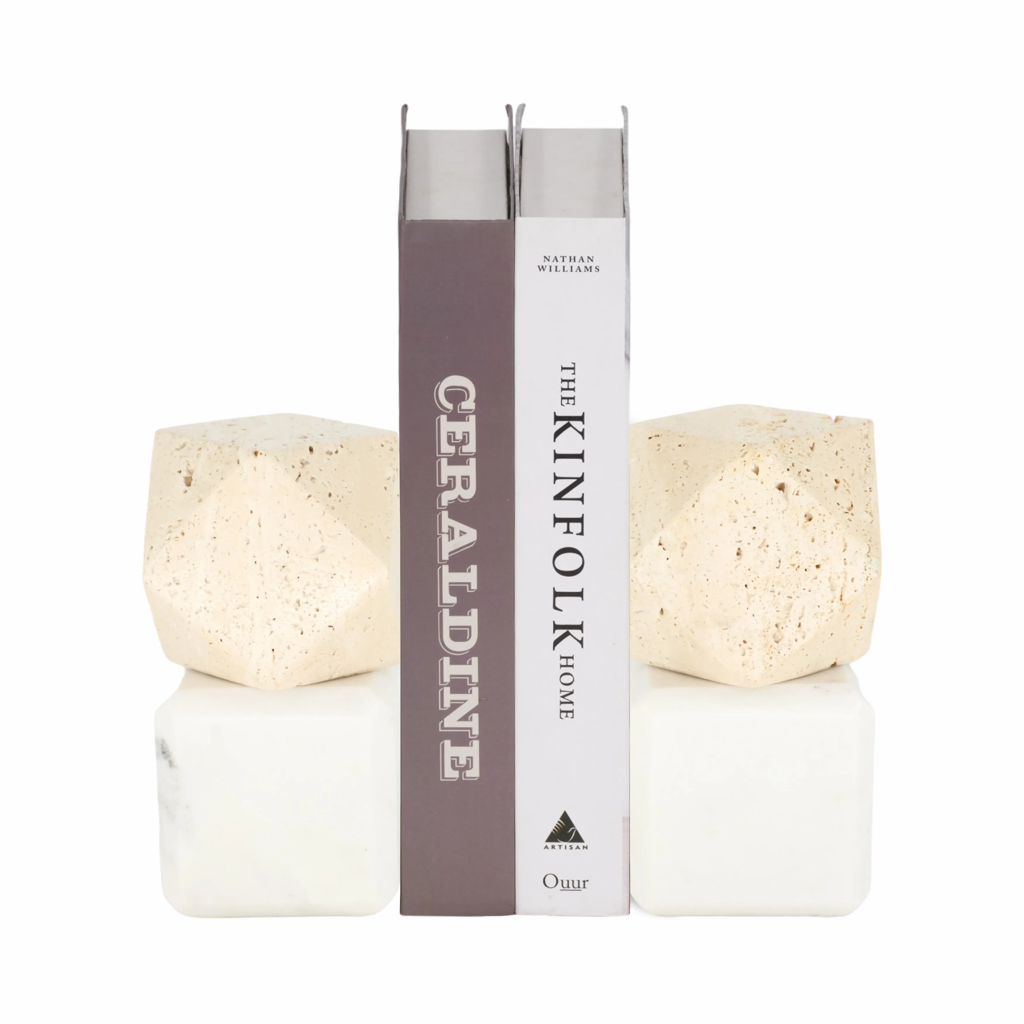 S/2 6" Marble Bookends W/ Travertine Hex Orb, Tan/