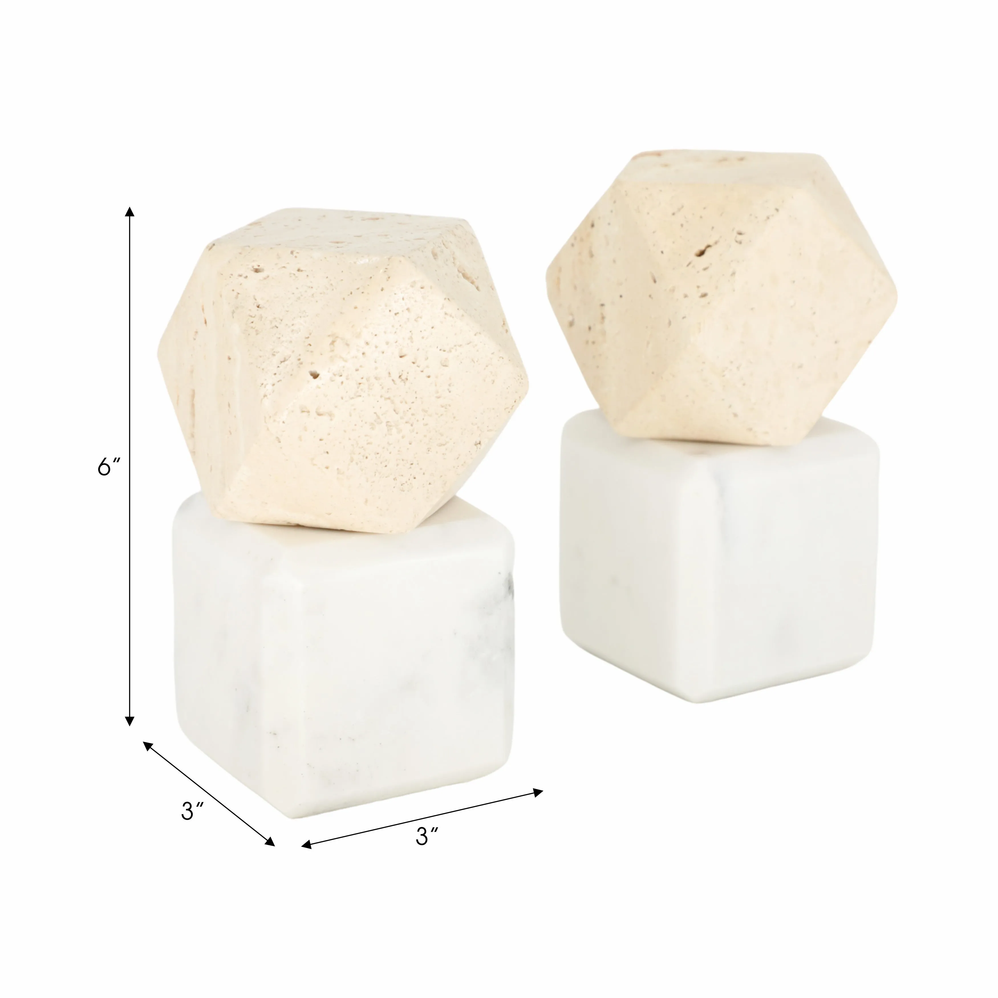 S/2 6" Marble Bookends W/ Travertine Hex Orb, Tan/
