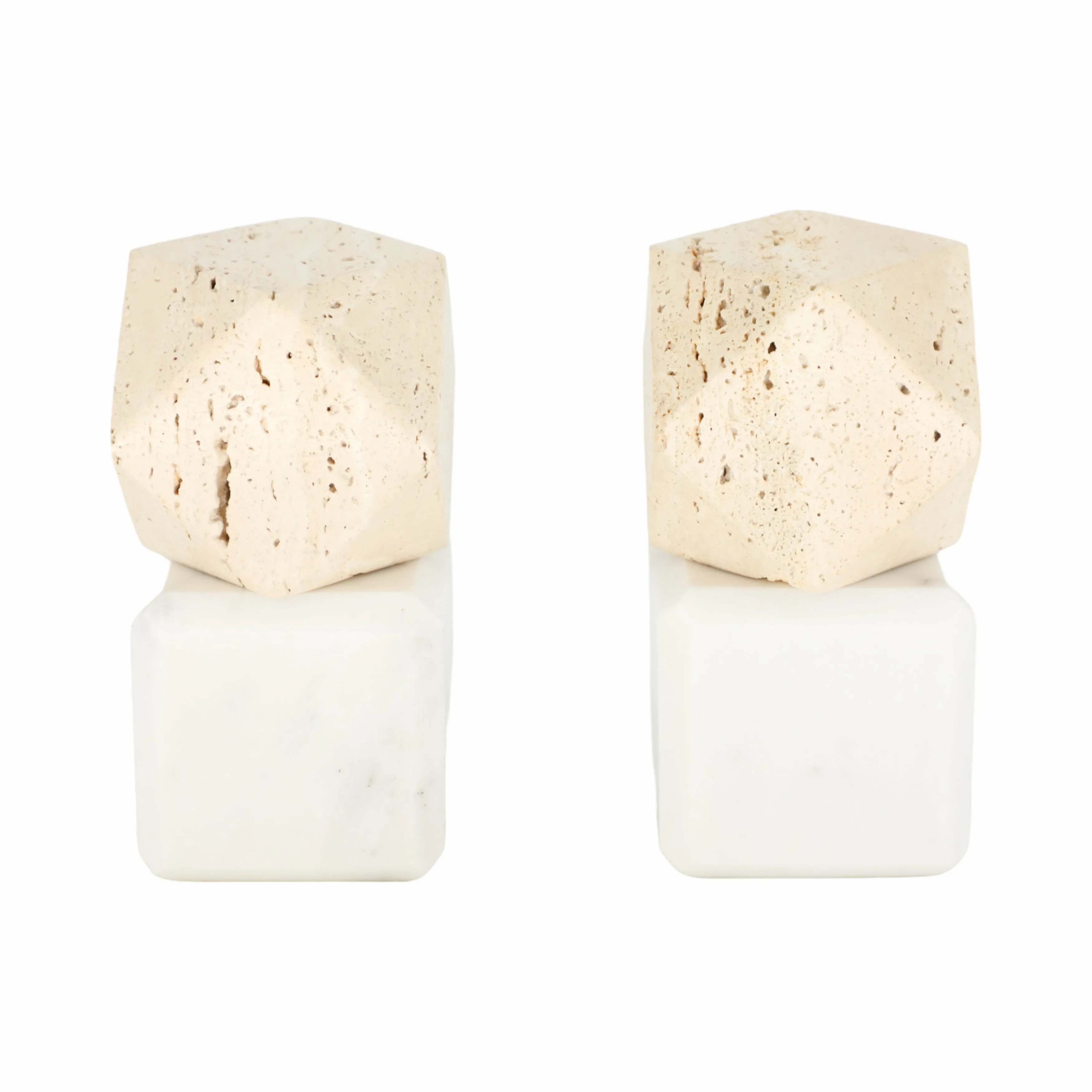 S/2 6" Marble Bookends W/ Travertine Hex Orb, Tan/