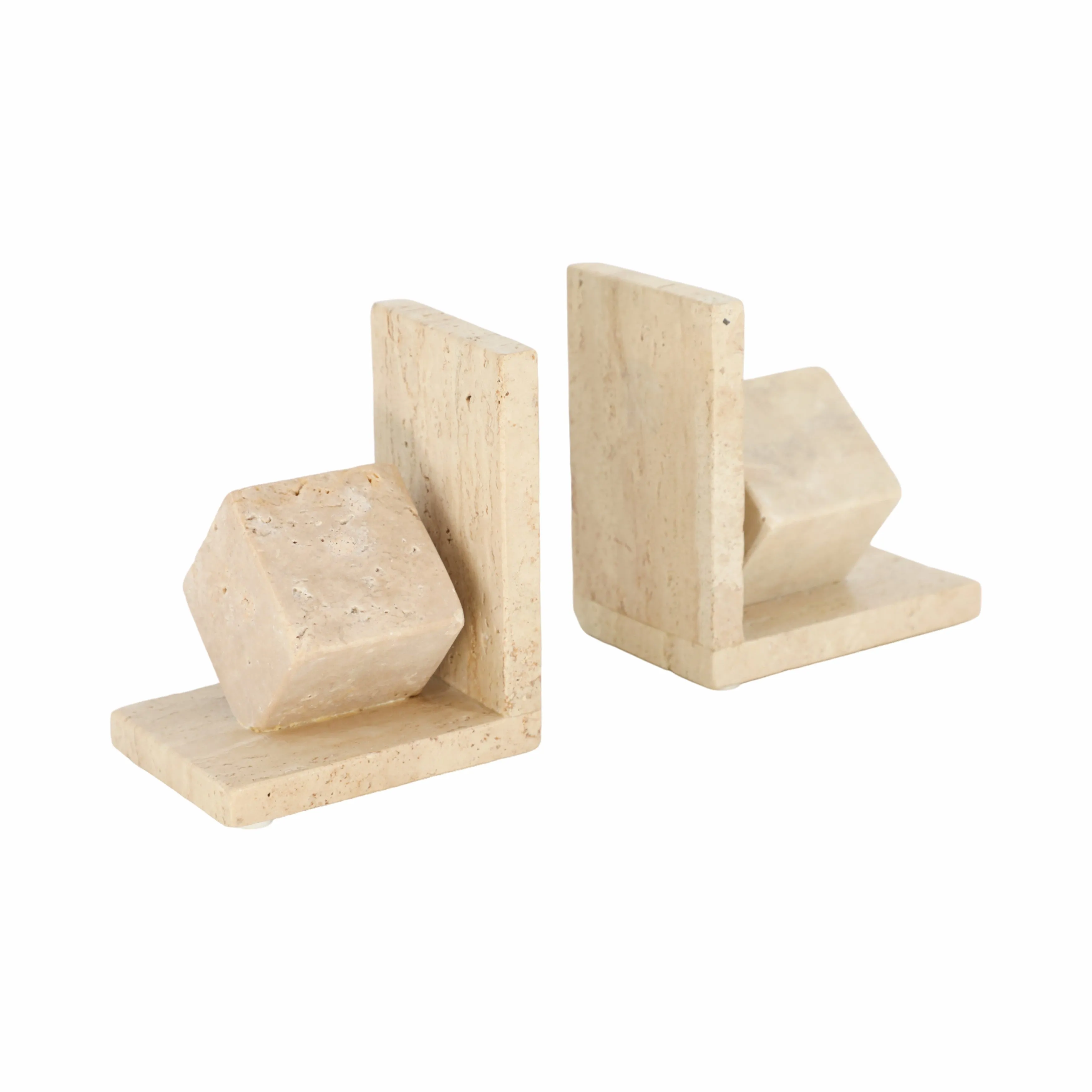 S/2 6" Travertine Cube On Base Bookends, Tan