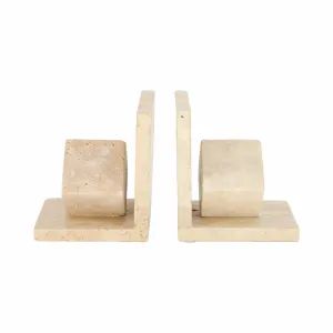 S/2 6" Travertine Cube On Base Bookends, Tan