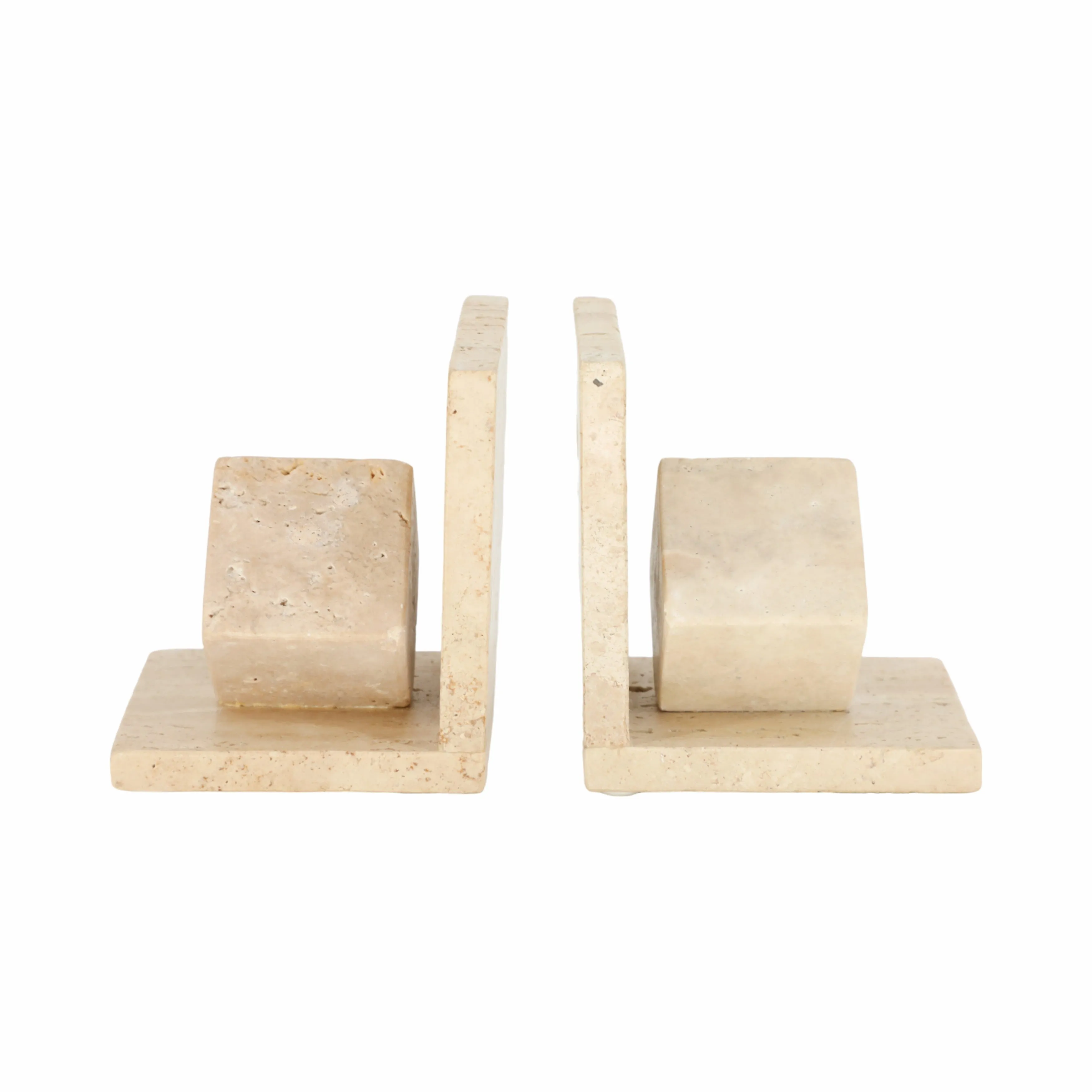 S/2 6" Travertine Cube On Base Bookends, Tan