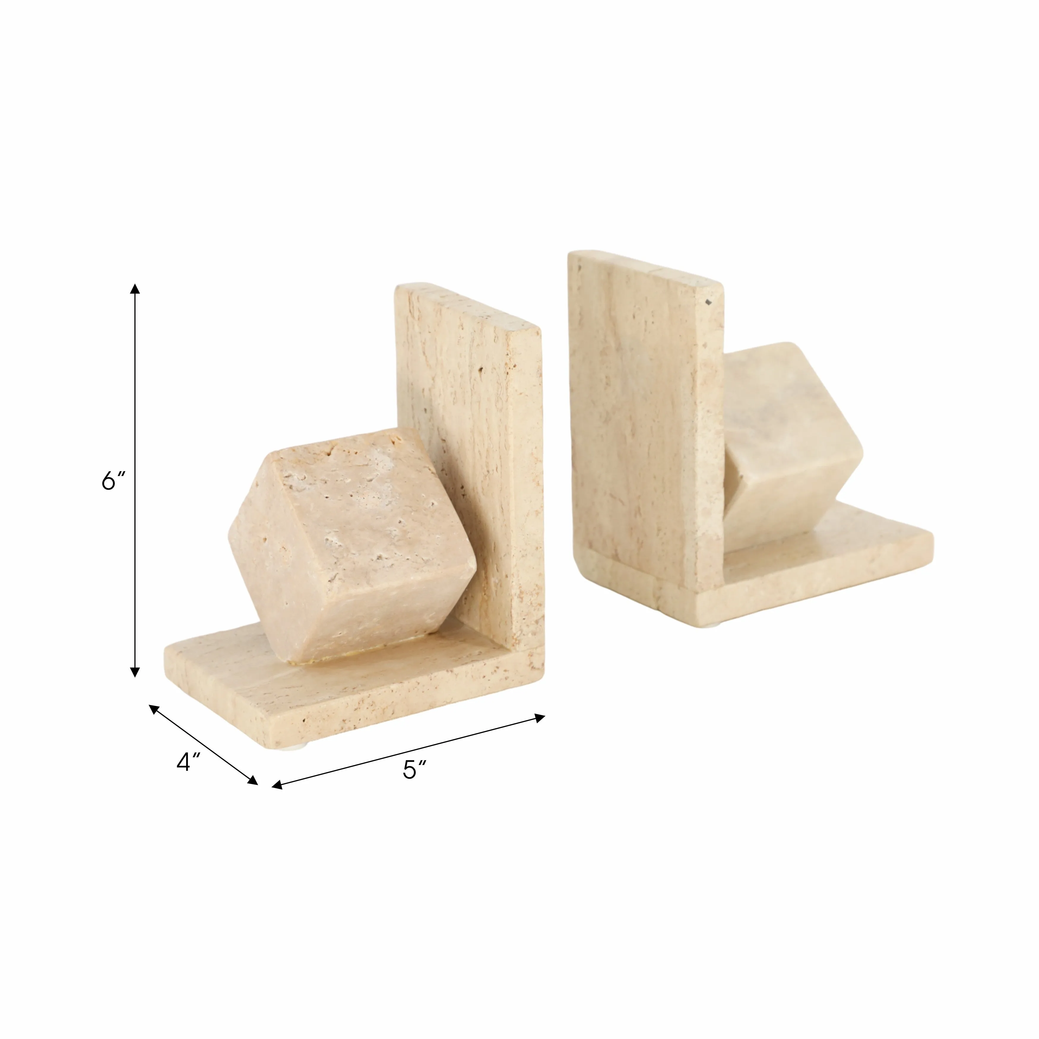 S/2 6" Travertine Cube On Base Bookends, Tan
