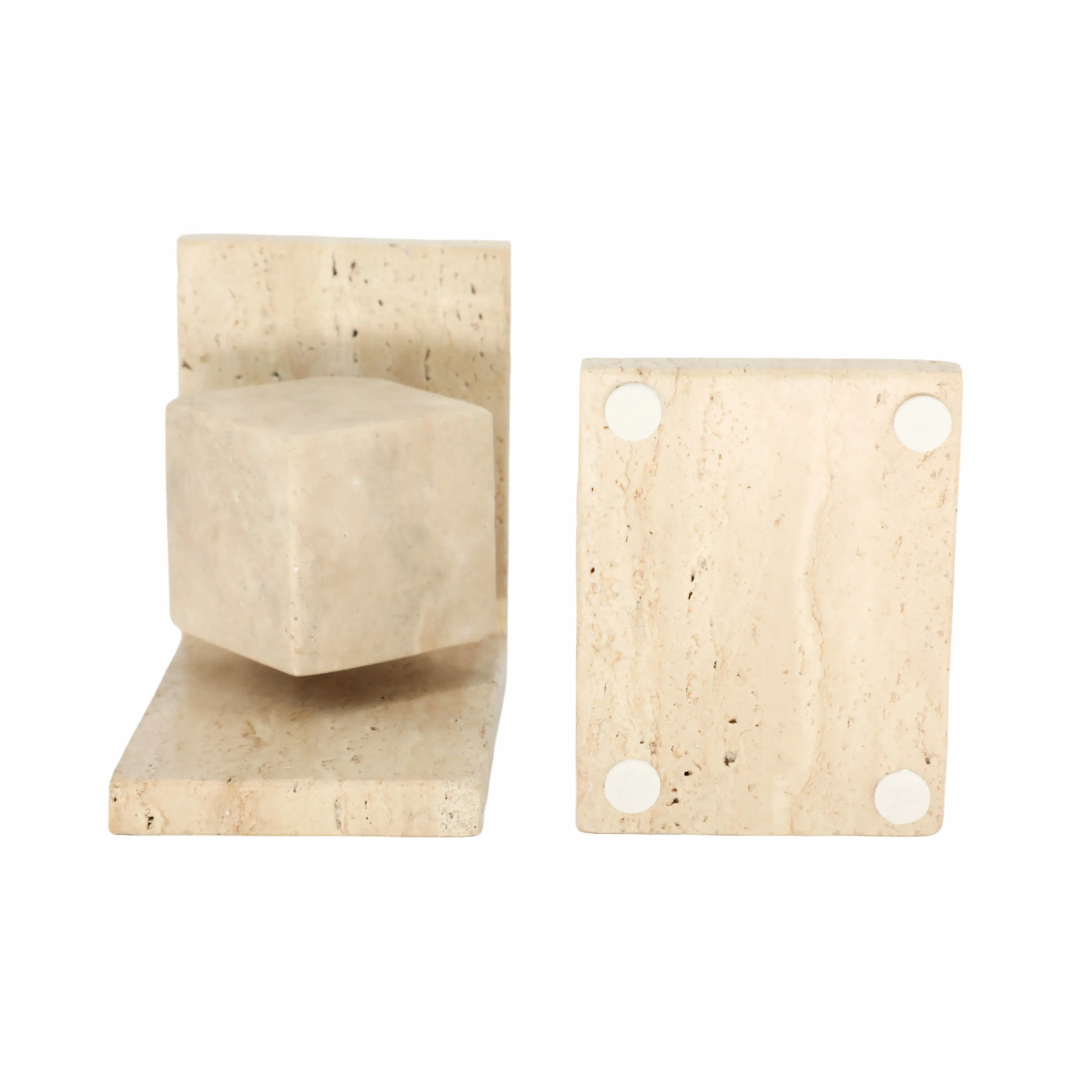 S/2 6" Travertine Cube On Base Bookends, Tan