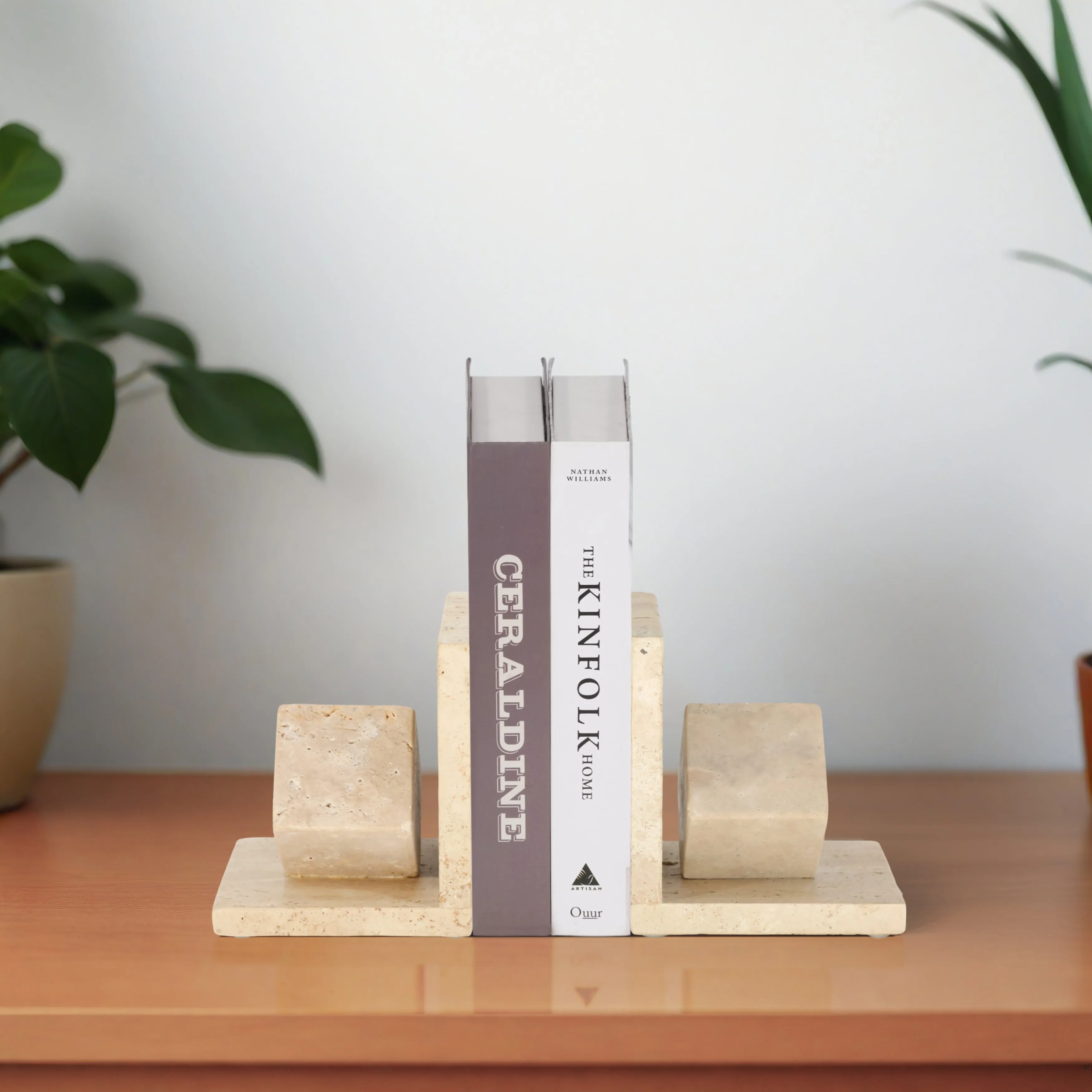 S/2 6" Travertine Cube On Base Bookends, Tan