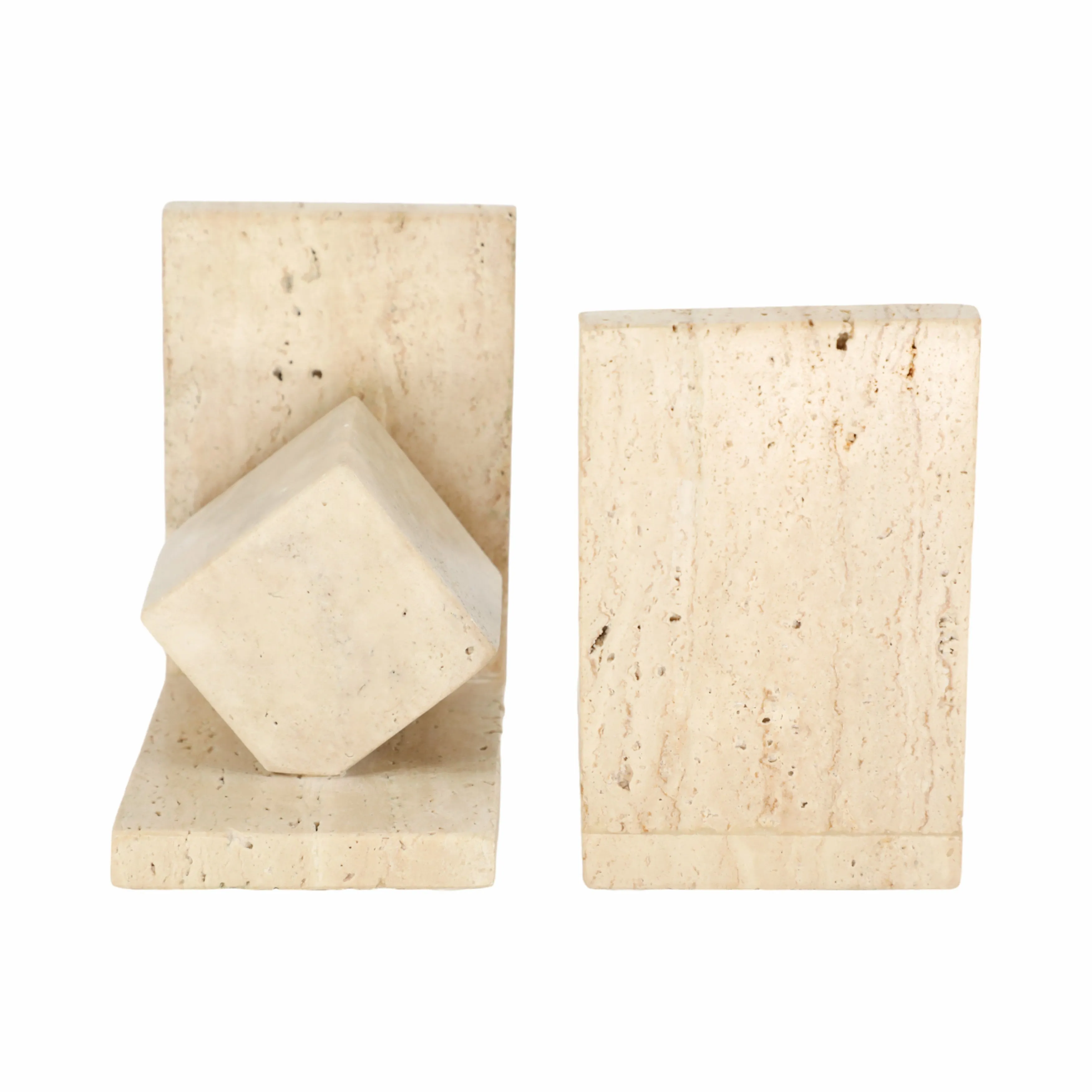 S/2 6" Travertine Cube On Base Bookends, Tan