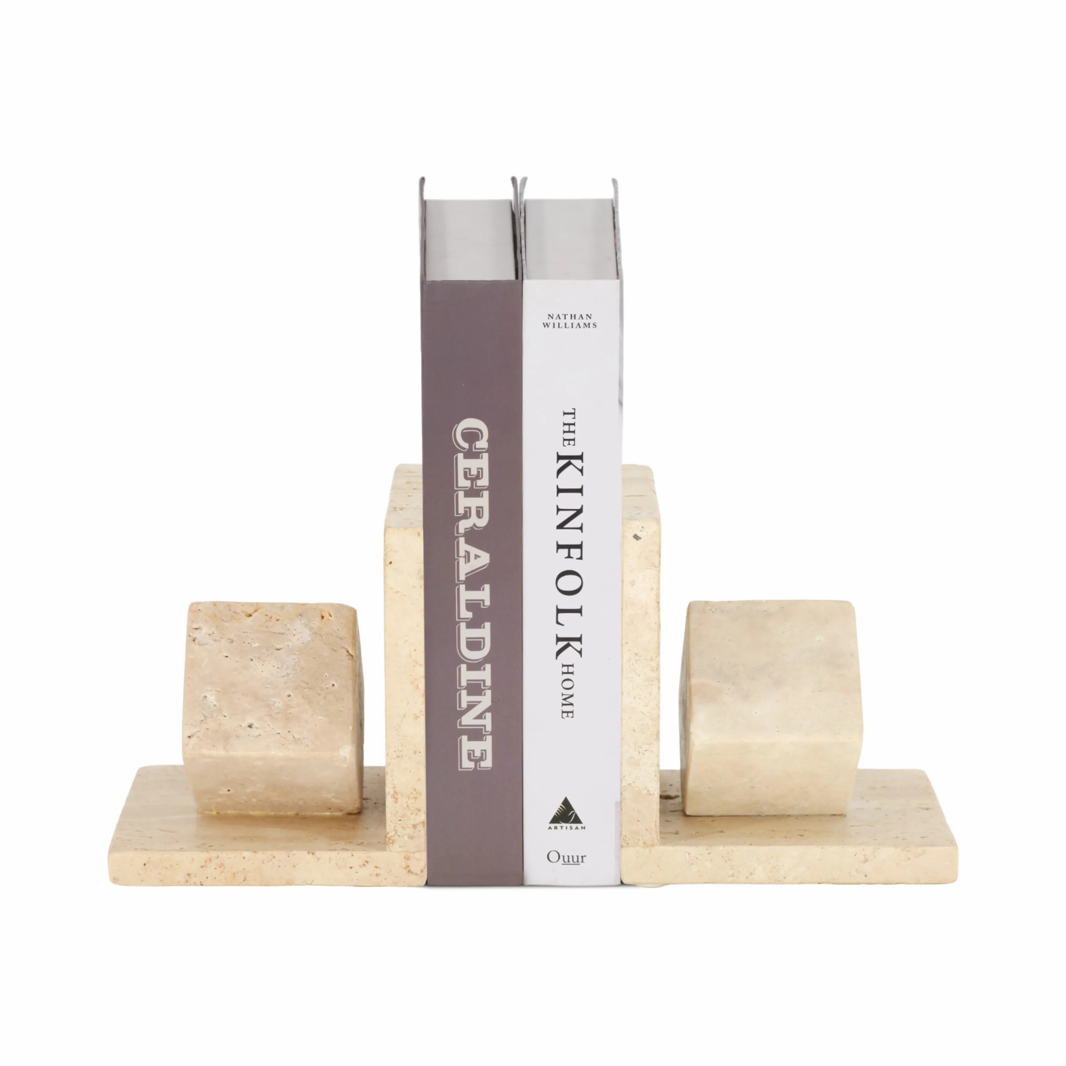 S/2 6" Travertine Cube On Base Bookends, Tan