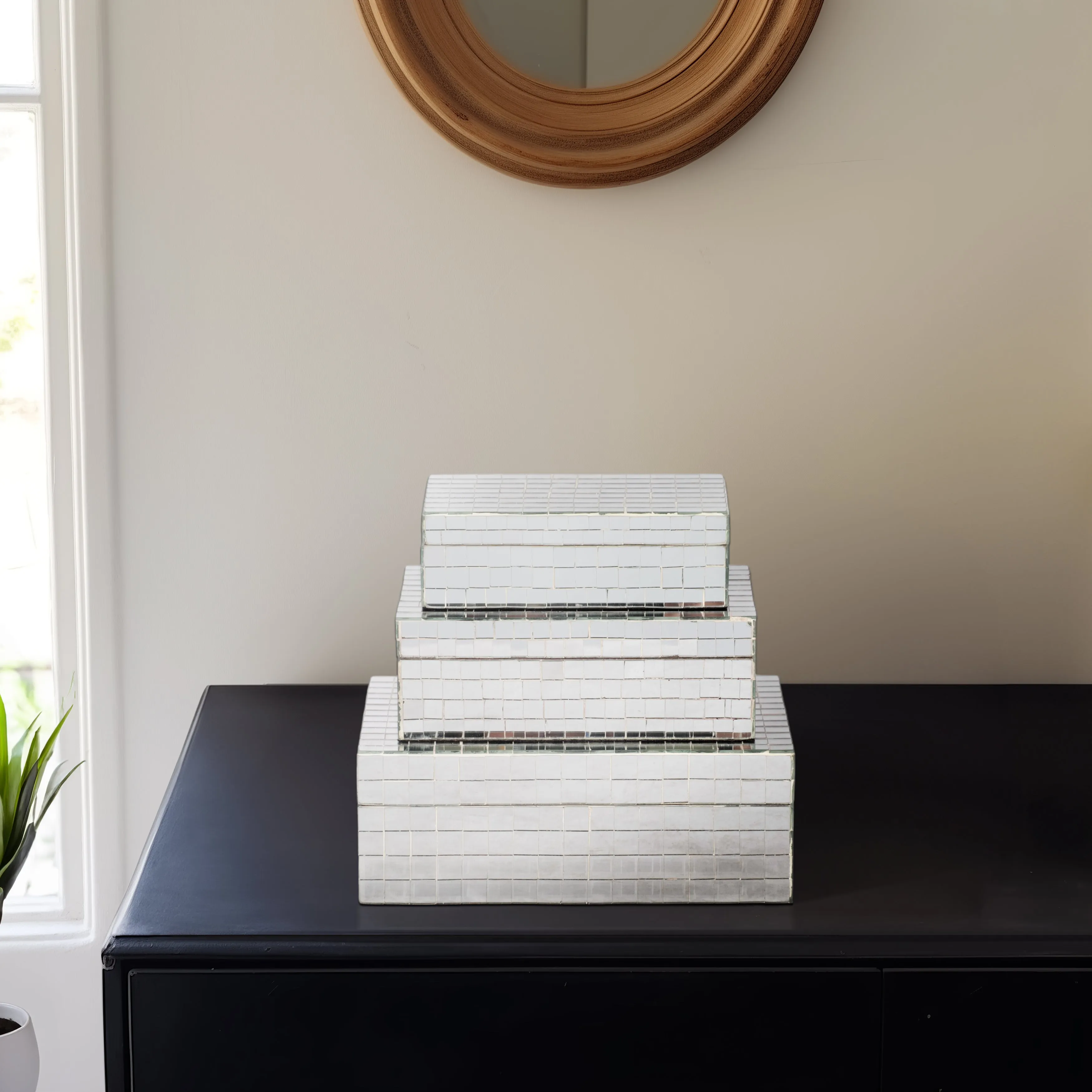 S/3 6/7/9" MOSAIC BOXES, SILVER