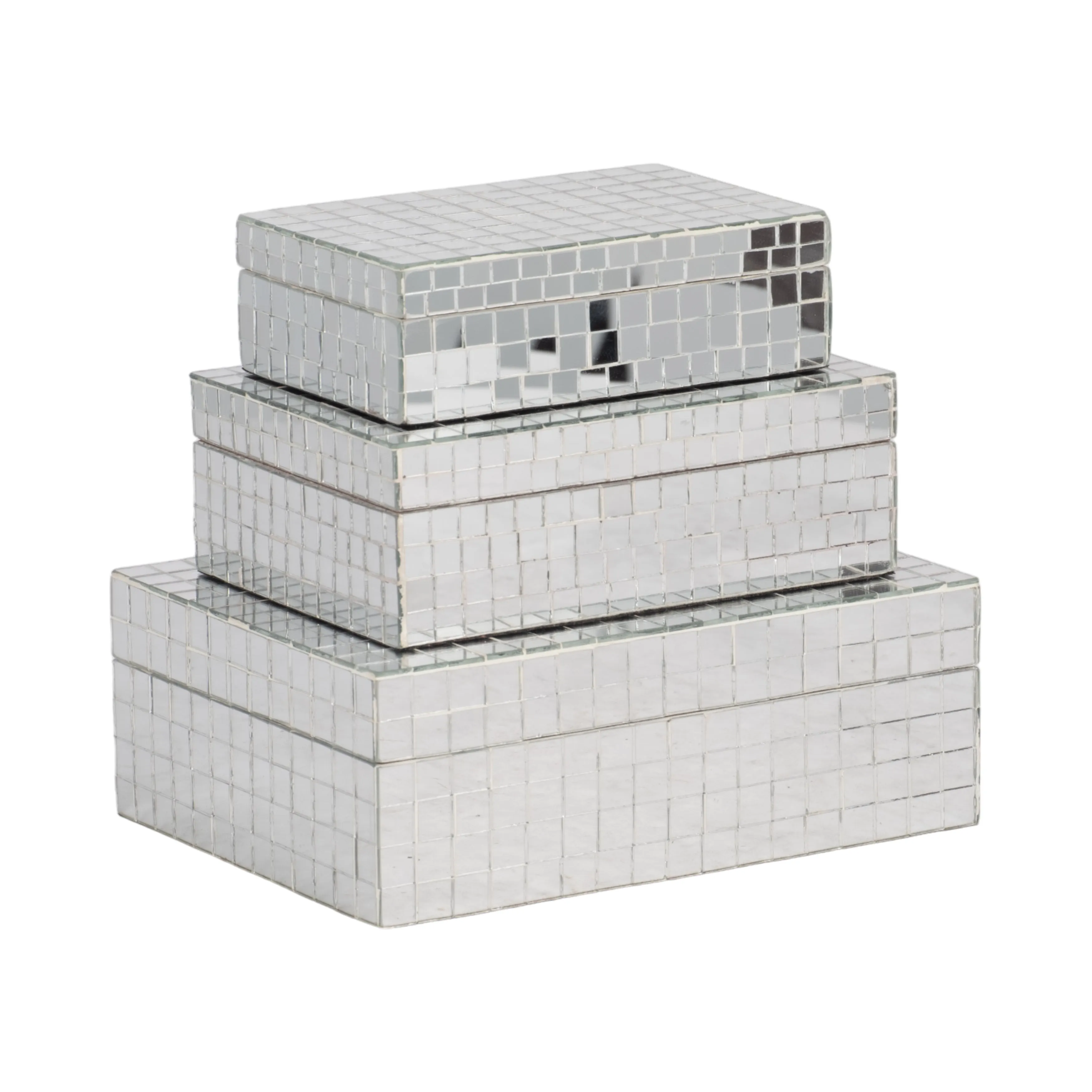 S/3 6/7/9" MOSAIC BOXES, SILVER