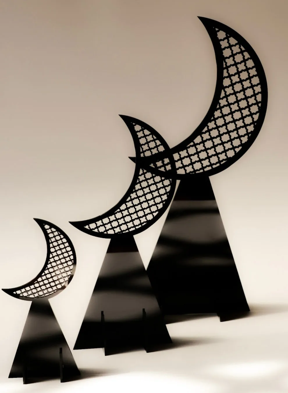 Set of 3 Acrylic Decor Stands in Ramadan Crescent Shape with Islamic Pattern