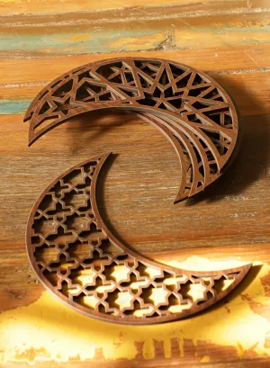 Set of 6 Wooden Coaster Decorations in Ramadan Crescent Shape with Islamic Patterns