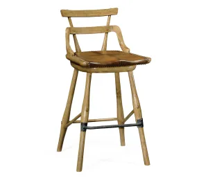 Sherwood Oak Collection - Natural Oak Side Bar Stool with a Studded Antique Chestnut Leather Seat