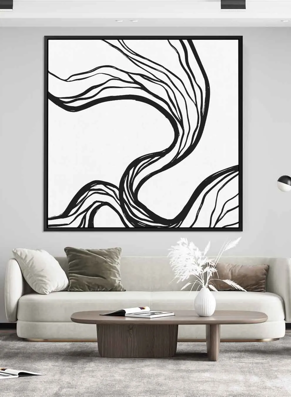 Square Canvas Wall Art Stretched Over Wooden Frame with Black Floating Frame and Abstract Art