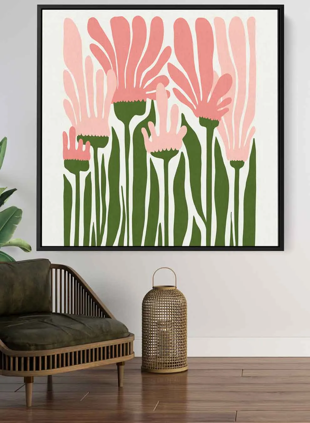 Square Canvas Wall Art Stretched Over Wooden Frame with Black Floating Frame and Abstract Floral Painting