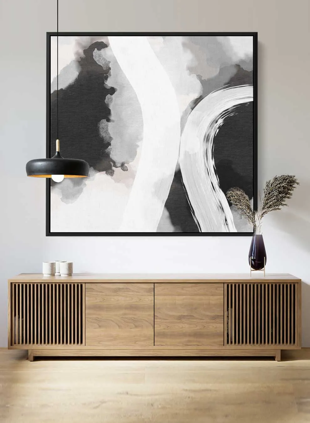 Square Canvas Wall Art Stretched Over Wooden Frame with Black Floating Frame and Black White Abstract Painting