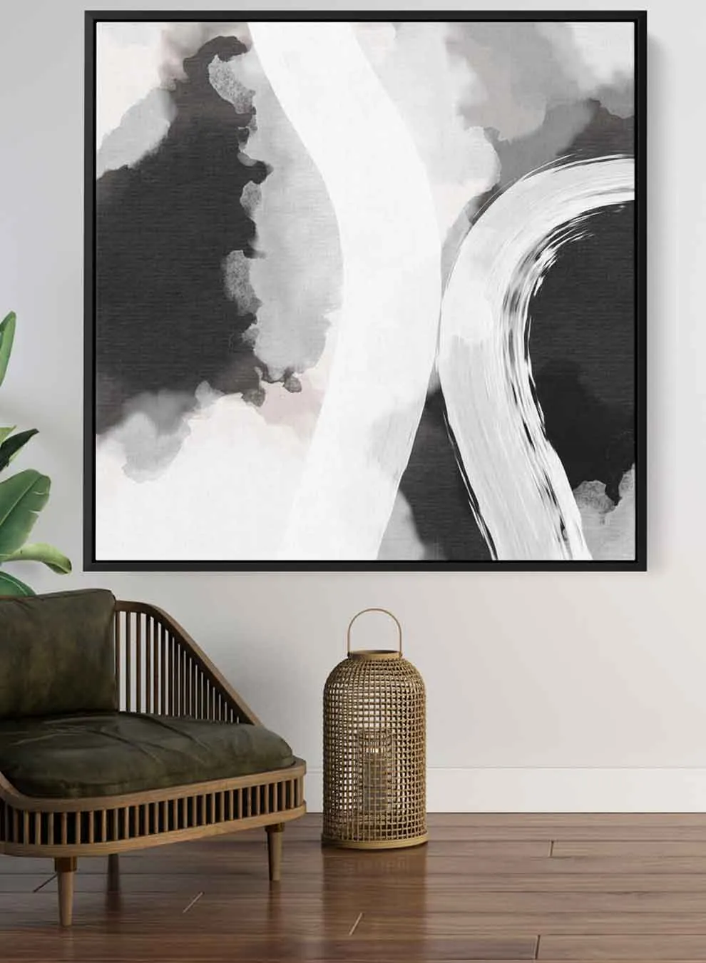 Square Canvas Wall Art Stretched Over Wooden Frame with Black Floating Frame and Black White Abstract Painting