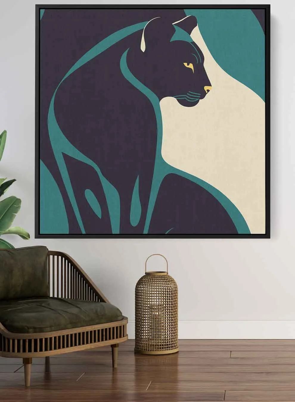 Square Canvas Wall Art Stretched Over Wooden Frame with Black Floating Frame and Black/Panther Painting
