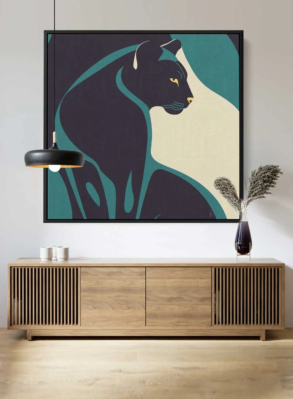 Square Canvas Wall Art Stretched Over Wooden Frame with Black Floating Frame and Black/Panther Painting