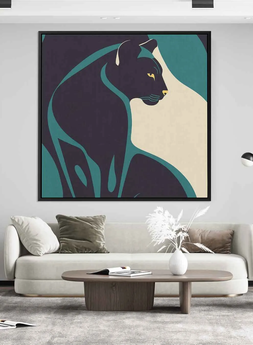 Square Canvas Wall Art Stretched Over Wooden Frame with Black Floating Frame and Black/Panther Painting