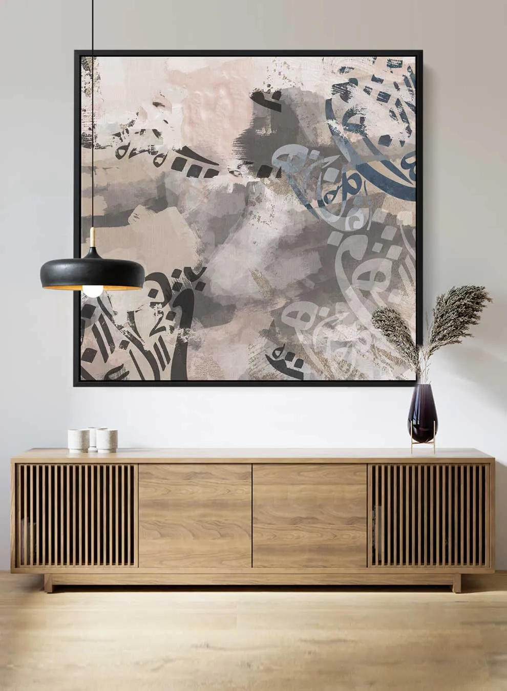 Square Canvas Wall Art Stretched Over Wooden Frame with Black Floating Frame and Blooming Flower Painting