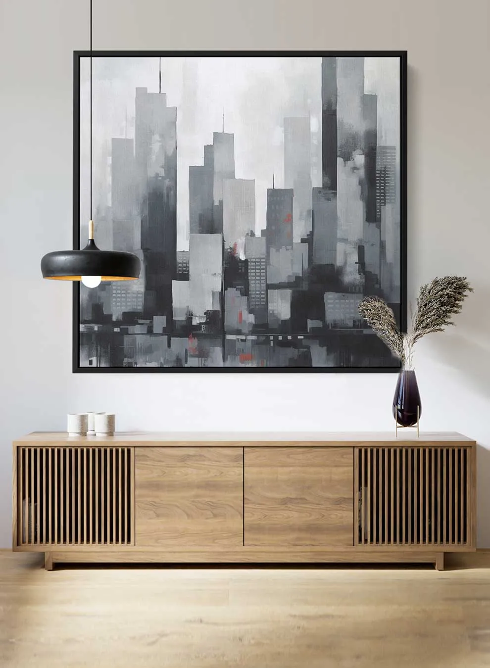 Square Canvas Wall Art Stretched Over Wooden Frame with Black Floating Frame and Cityscapes Of The City Painting