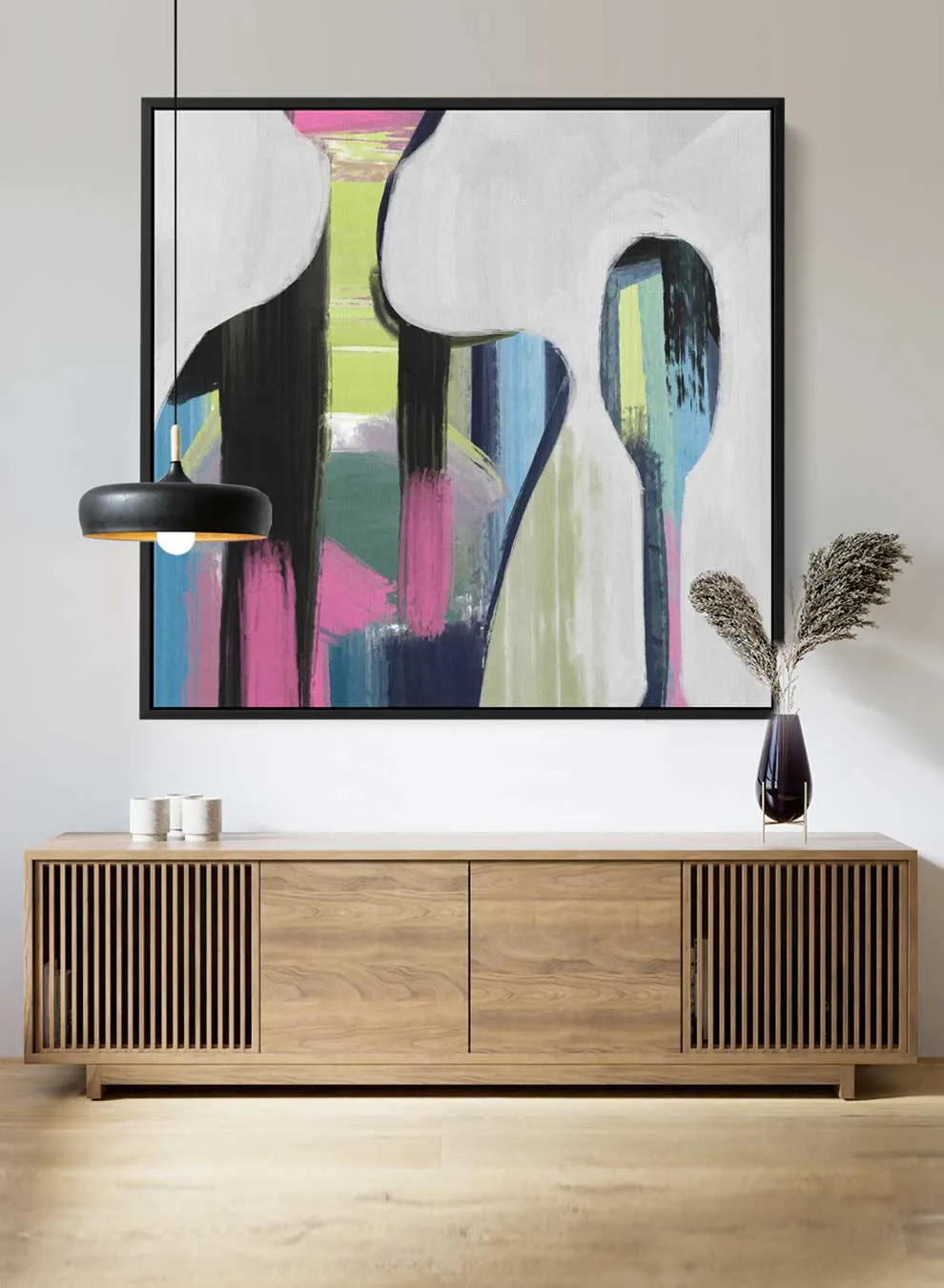 Square Canvas Wall Art Stretched Over Wooden Frame with Black Floating Frame and Colorful Couple Of People Painting
