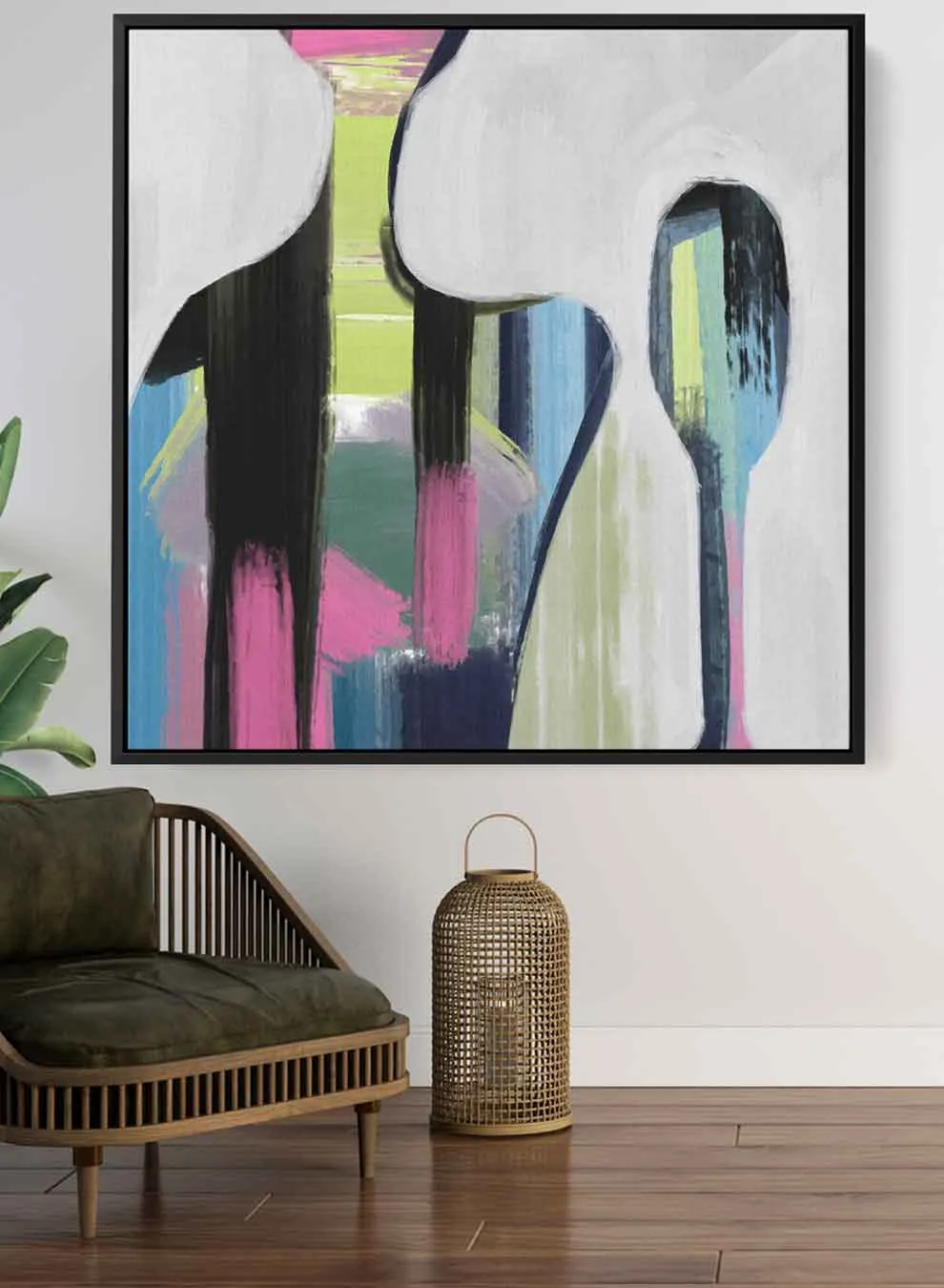 Square Canvas Wall Art Stretched Over Wooden Frame with Black Floating Frame and Colorful Couple Of People Painting