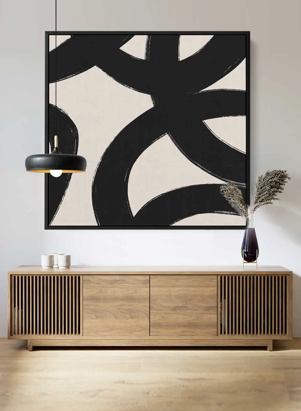 Square Canvas Wall Art Stretched Over Wooden Frame with Black Floating Frame and Crossed Circles Painting