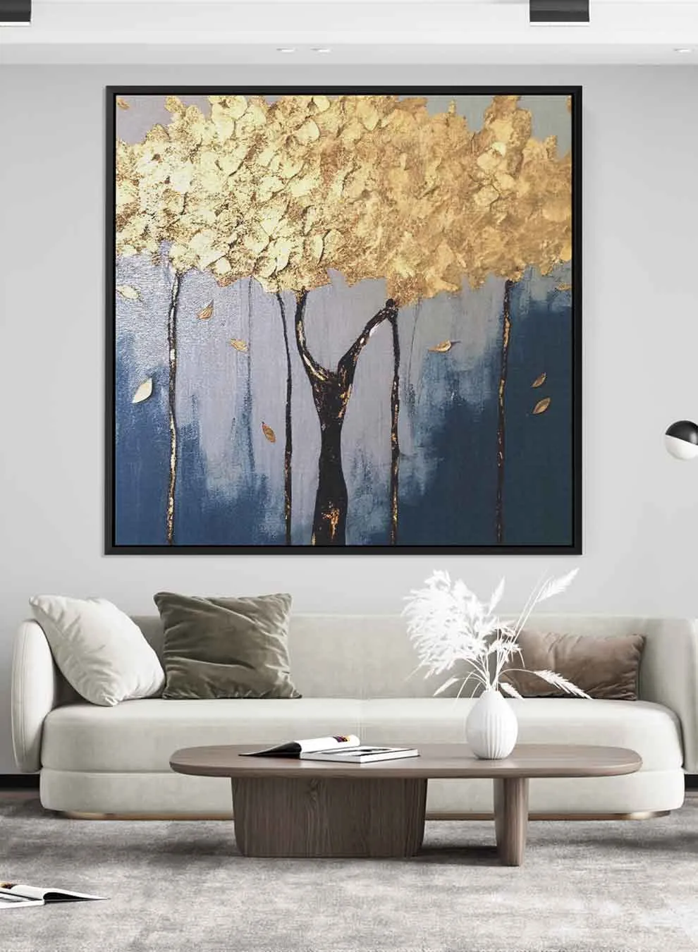 Square Canvas Wall Art Stretched Over Wooden Frame with Black Floating Frame and Golden Tree Painting