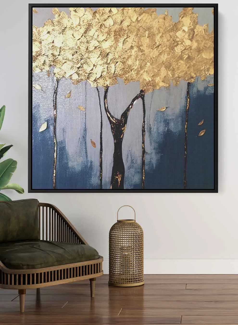 Square Canvas Wall Art Stretched Over Wooden Frame with Black Floating Frame and Golden Tree Painting