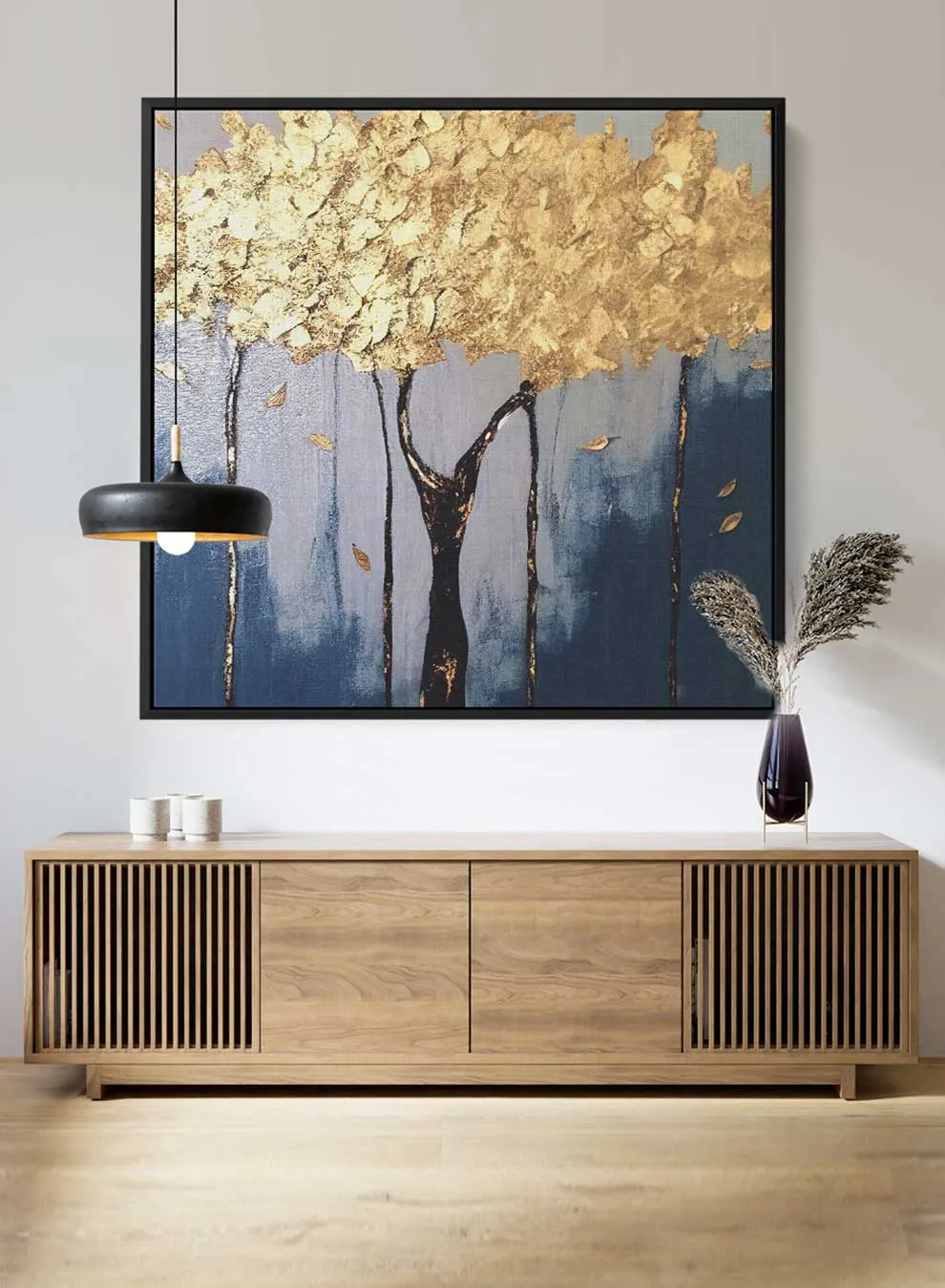 Square Canvas Wall Art Stretched Over Wooden Frame with Black Floating Frame and Golden Tree Painting