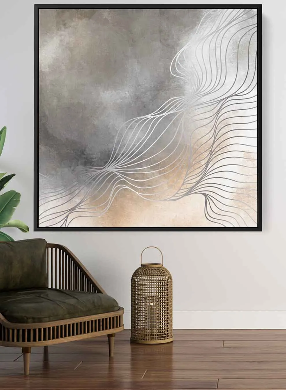 Square Canvas Wall Art Stretched Over Wooden Frame with Black Floating Frame and Grey Abstract Painting