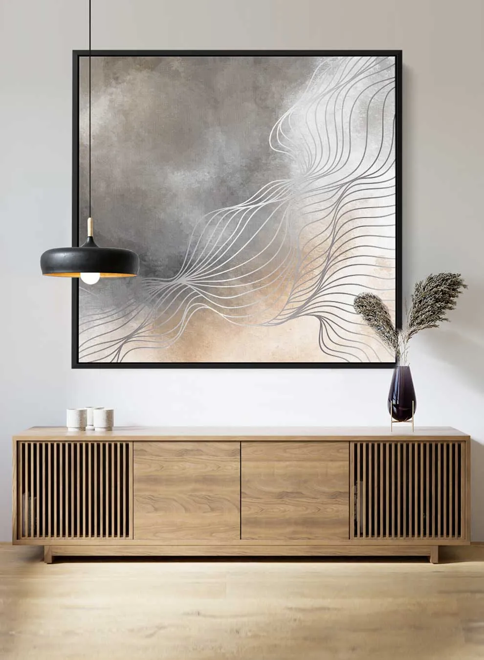 Square Canvas Wall Art Stretched Over Wooden Frame with Black Floating Frame and Grey Abstract Painting