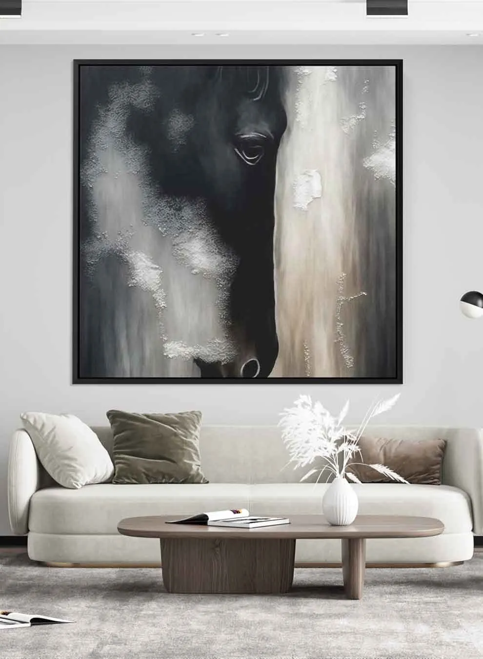 Square Canvas Wall Art Stretched Over Wooden Frame with Black Floating Frame and Horse Face Abstract Painting