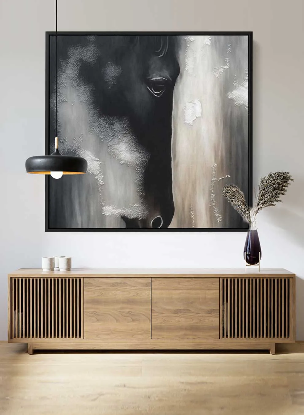 Square Canvas Wall Art Stretched Over Wooden Frame with Black Floating Frame and Horse Face Abstract Painting