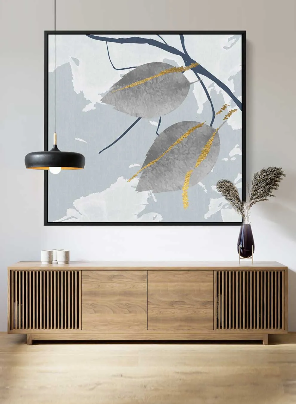 Square Canvas Wall Art Stretched Over Wooden Frame with Black Floating Frame and Leaves Abstract Painting