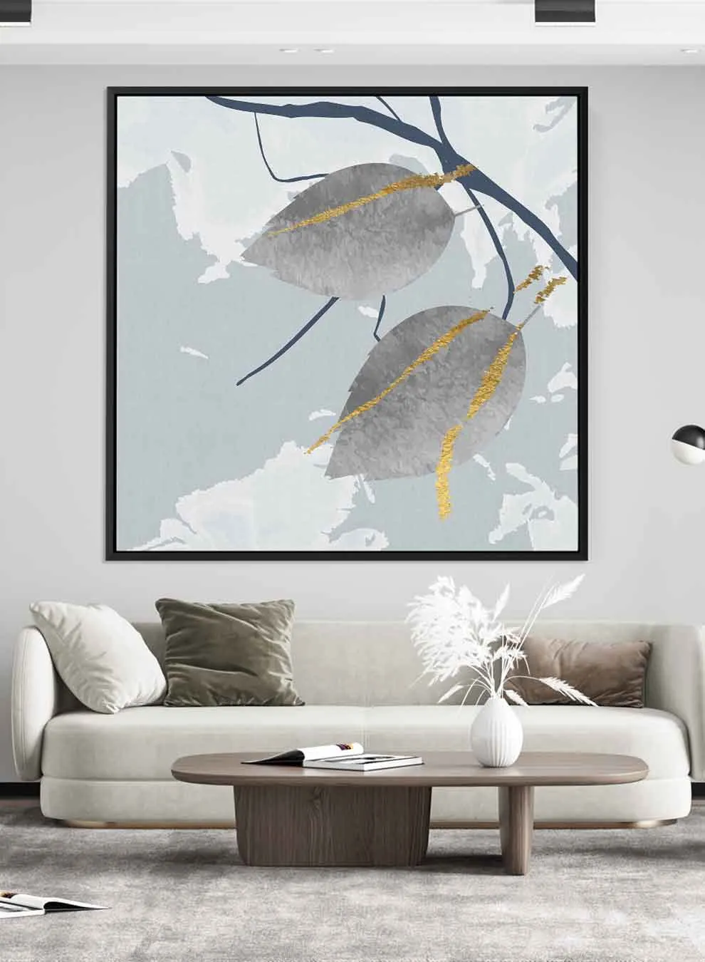 Square Canvas Wall Art Stretched Over Wooden Frame with Black Floating Frame and Leaves Abstract Painting