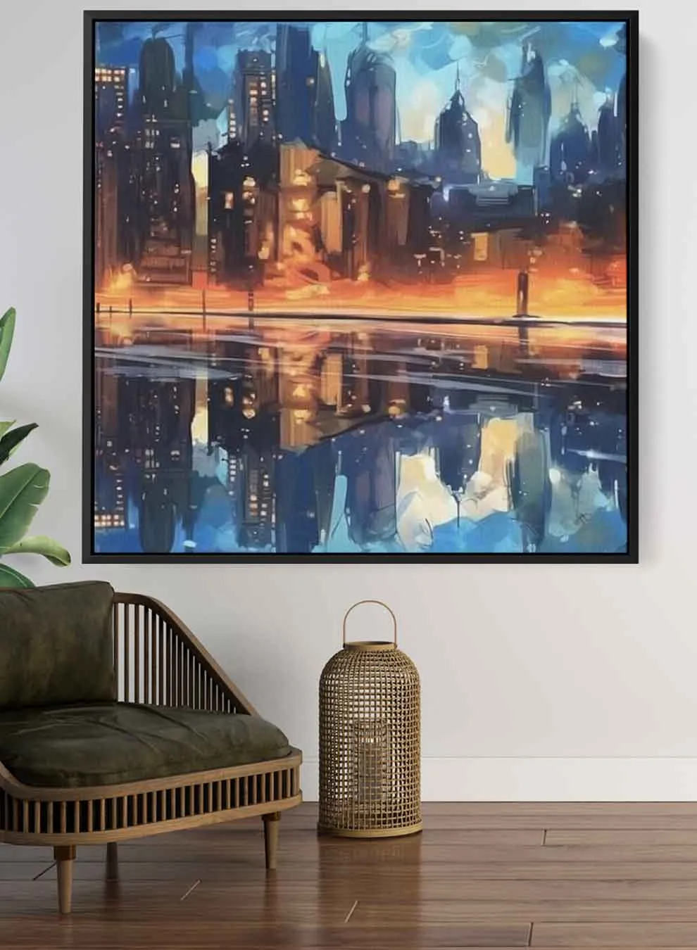 Square Canvas Wall Art Stretched Over Wooden Frame with Black Floating Frame and Man Walking In The City Painting